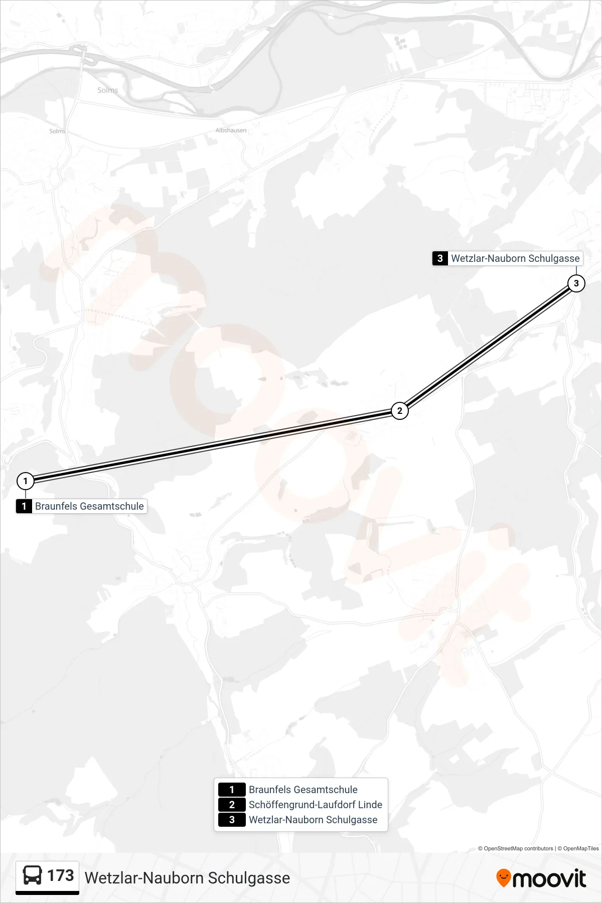 173 bus Line (Wetzlar-Nauborn Schulgasse) route and stops on a map