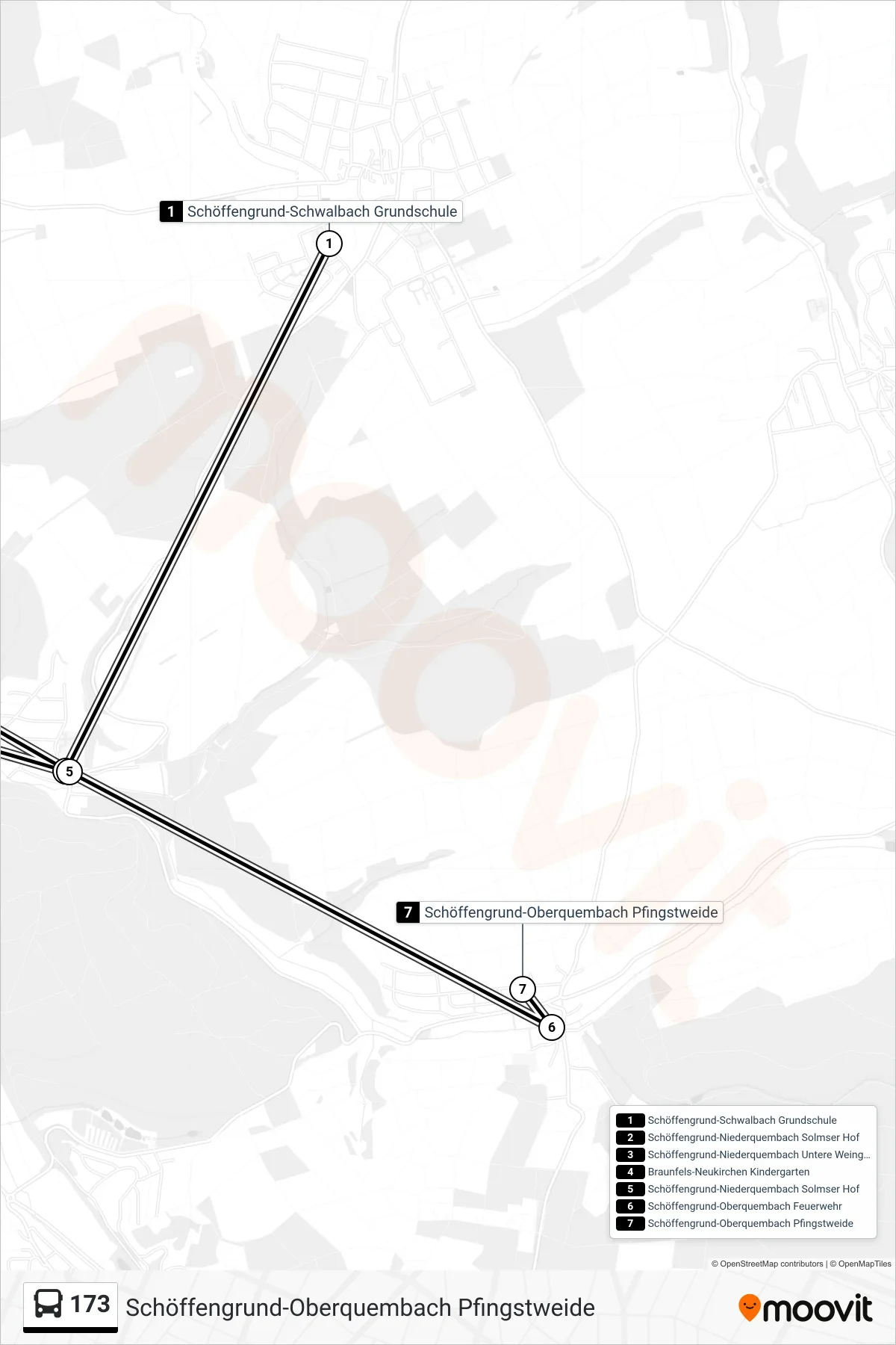 173 bus Line (Schöffengrund-Oberquembach Pfingstweide) route and stops on a map