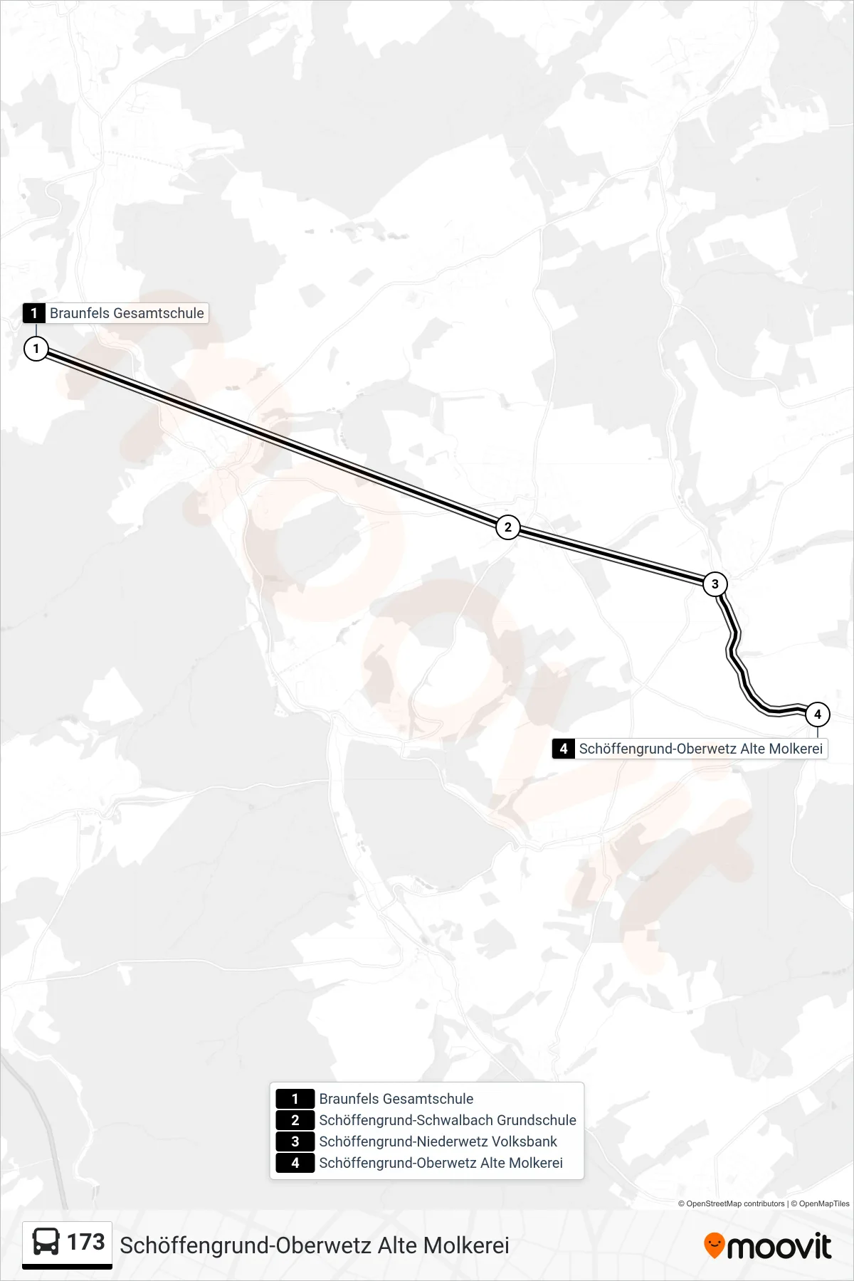 173 bus Line (Schöffengrund-Oberwetz Alte Molkerei) route and stops on a map