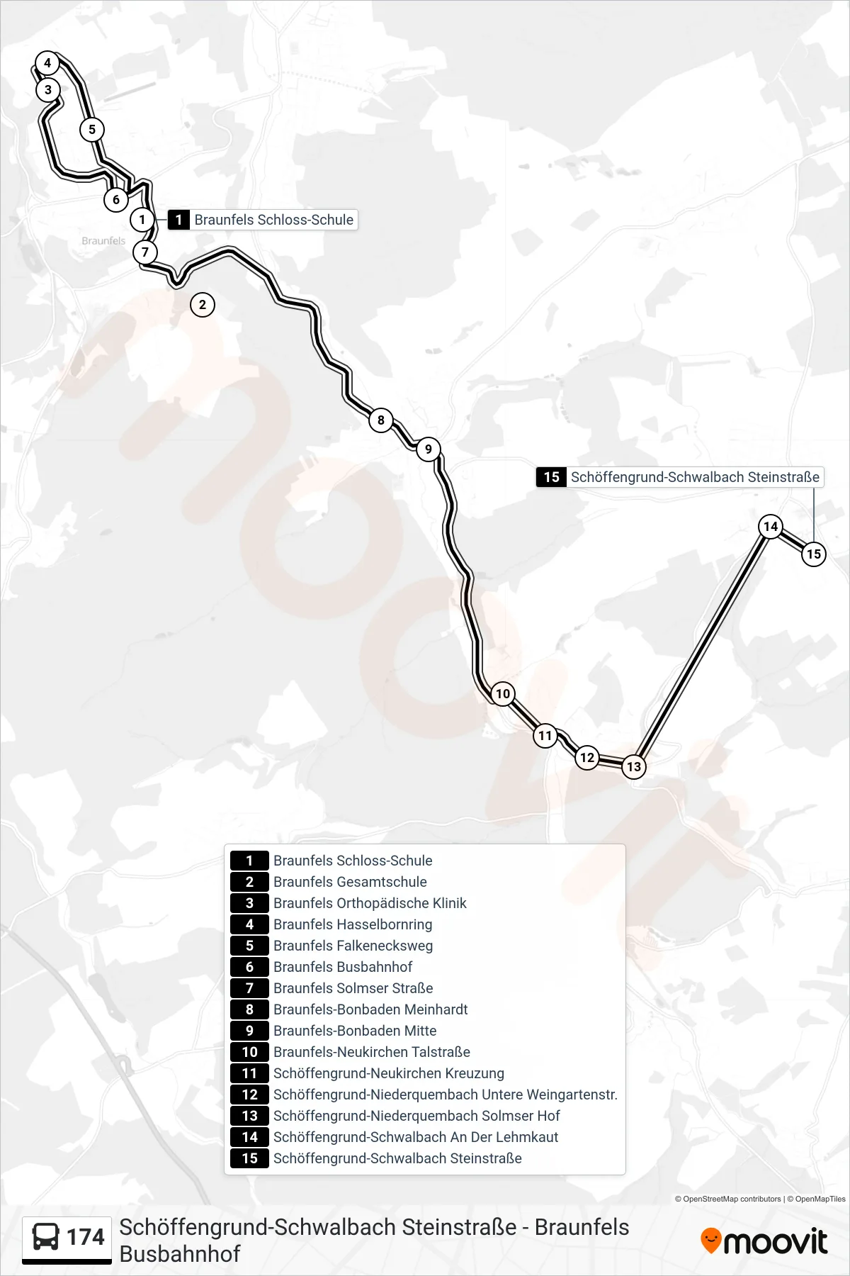 Linie 174 (Bus) Richtung Schöffengrund-Schwalbach Steinstraße: Route und Haltestellen auf der Karte