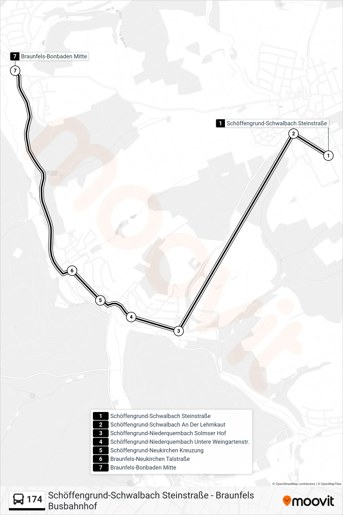 174 bus Line (Braunfels-Bonbaden Mitte) route and stops on a map