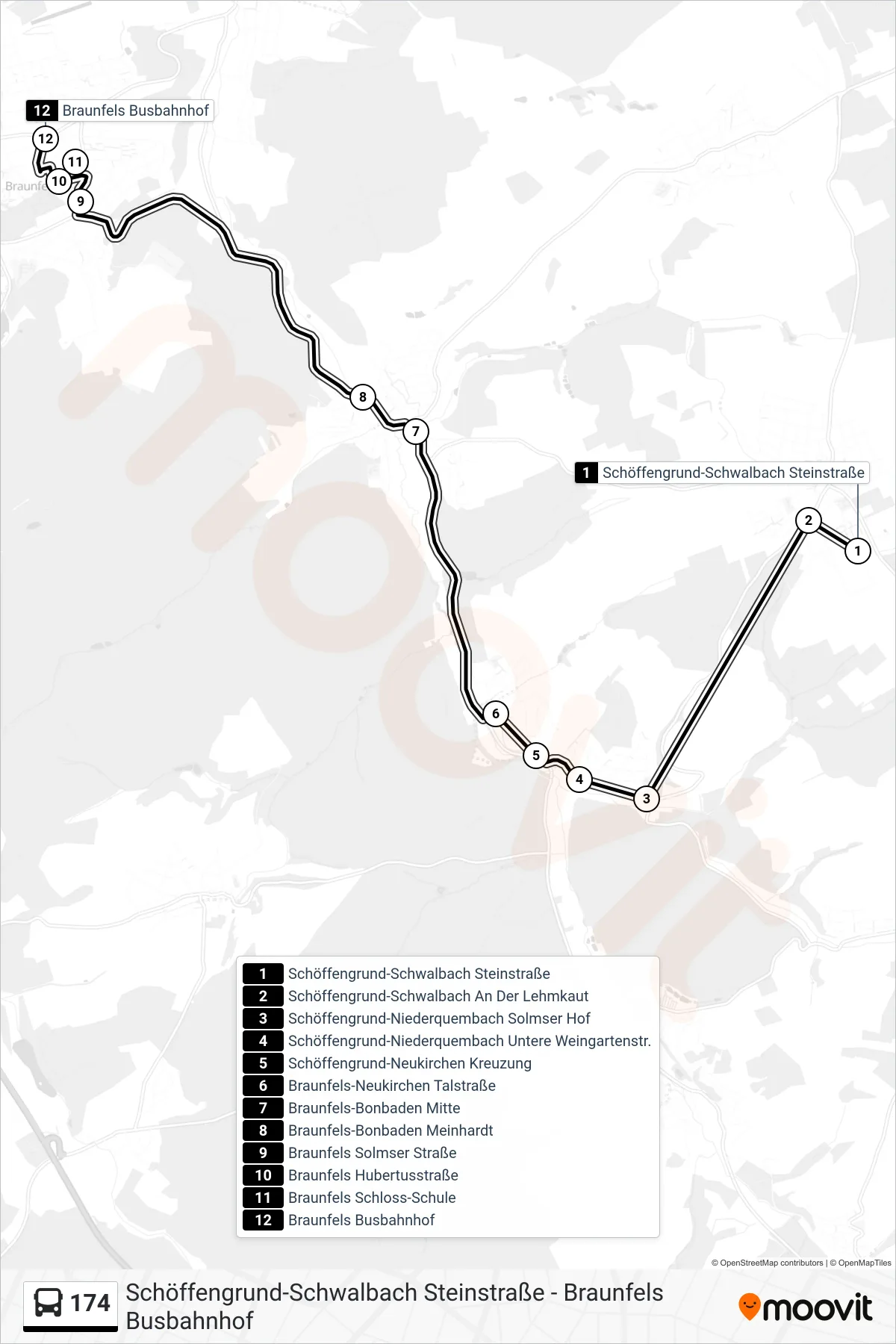 174 bus Line (Braunfels Busbahnhof) route and stops on a map