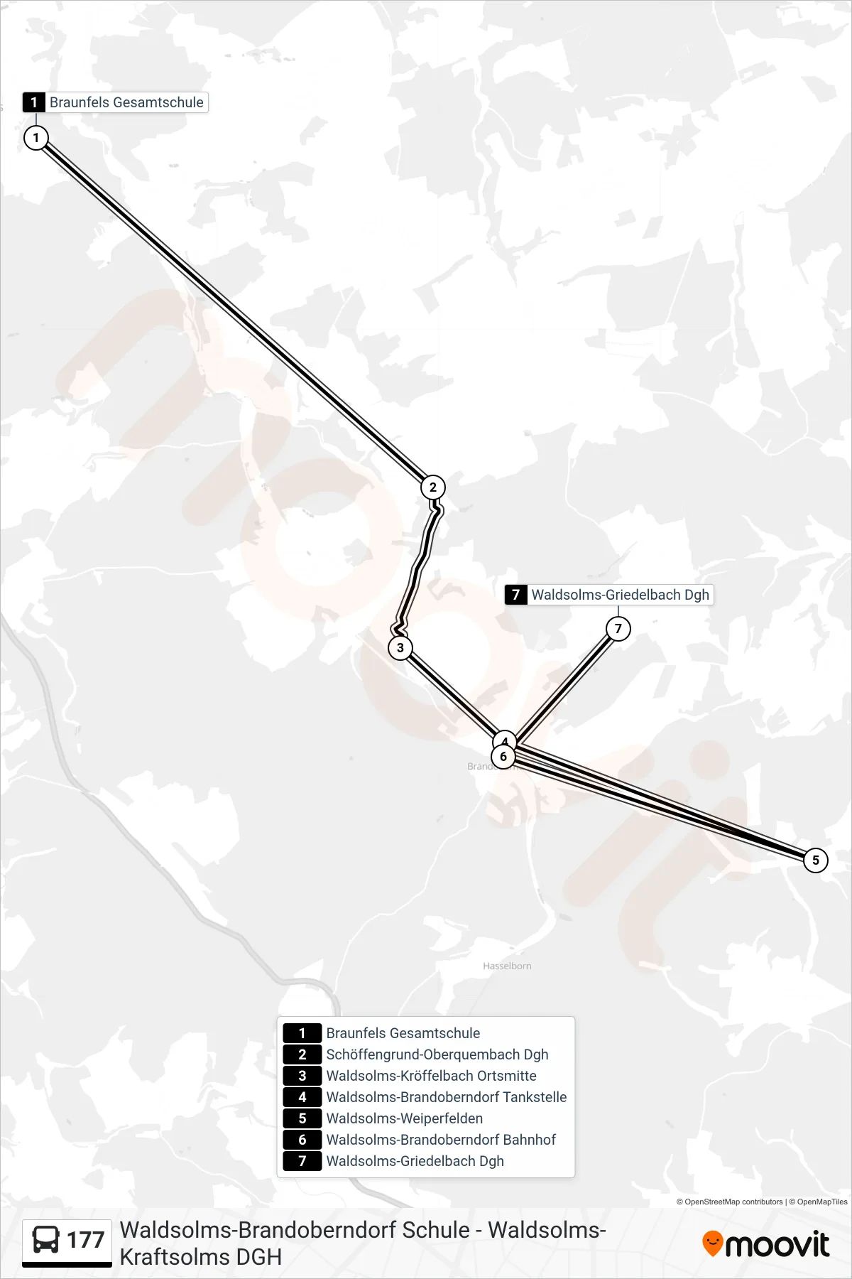 177 bus Line (Waldsolms-Griedelbach Dgh) route and stops on a map