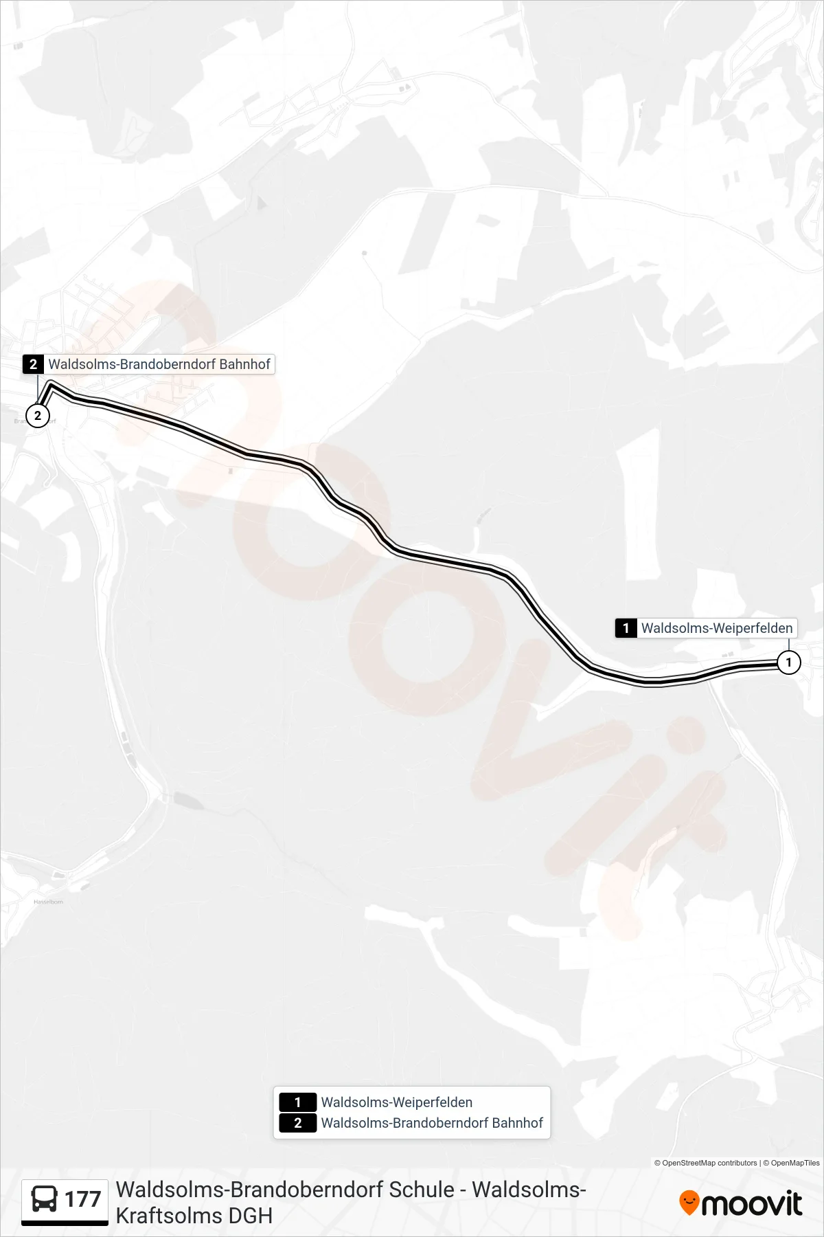177 bus Line (Waldsolms-Brandoberndorf Bahnhof) route and stops on a map