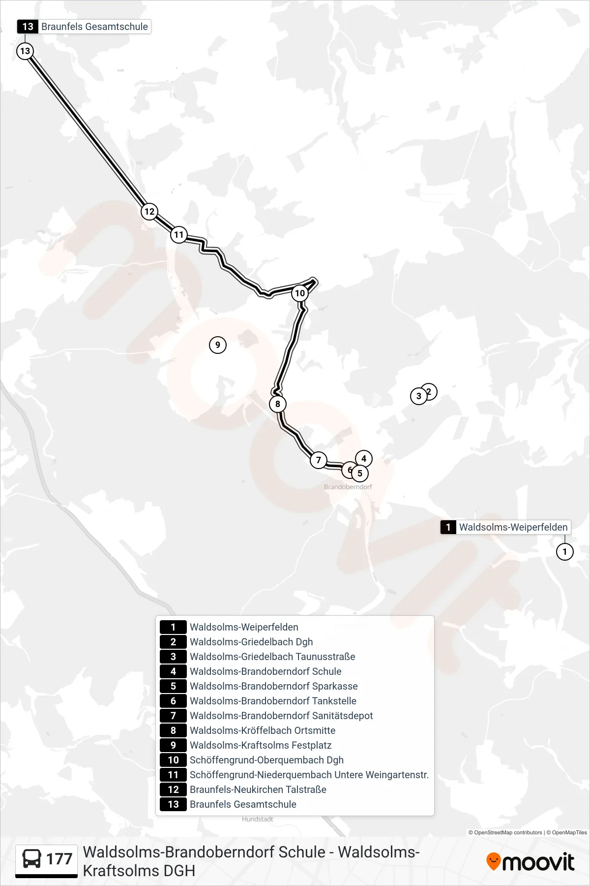 177 bus Line (Braunfels Gesamtschule) route and stops on a map