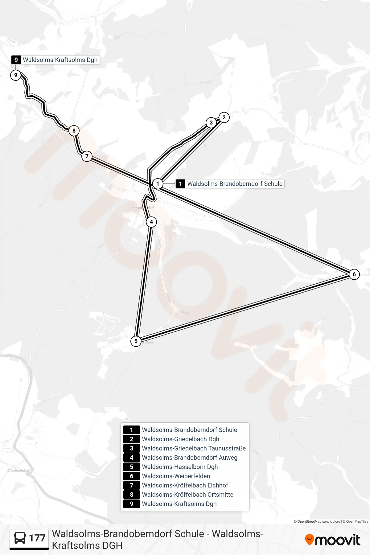 177 bus Line (Waldsolms-Kraftsolms Dgh) route and stops on a map