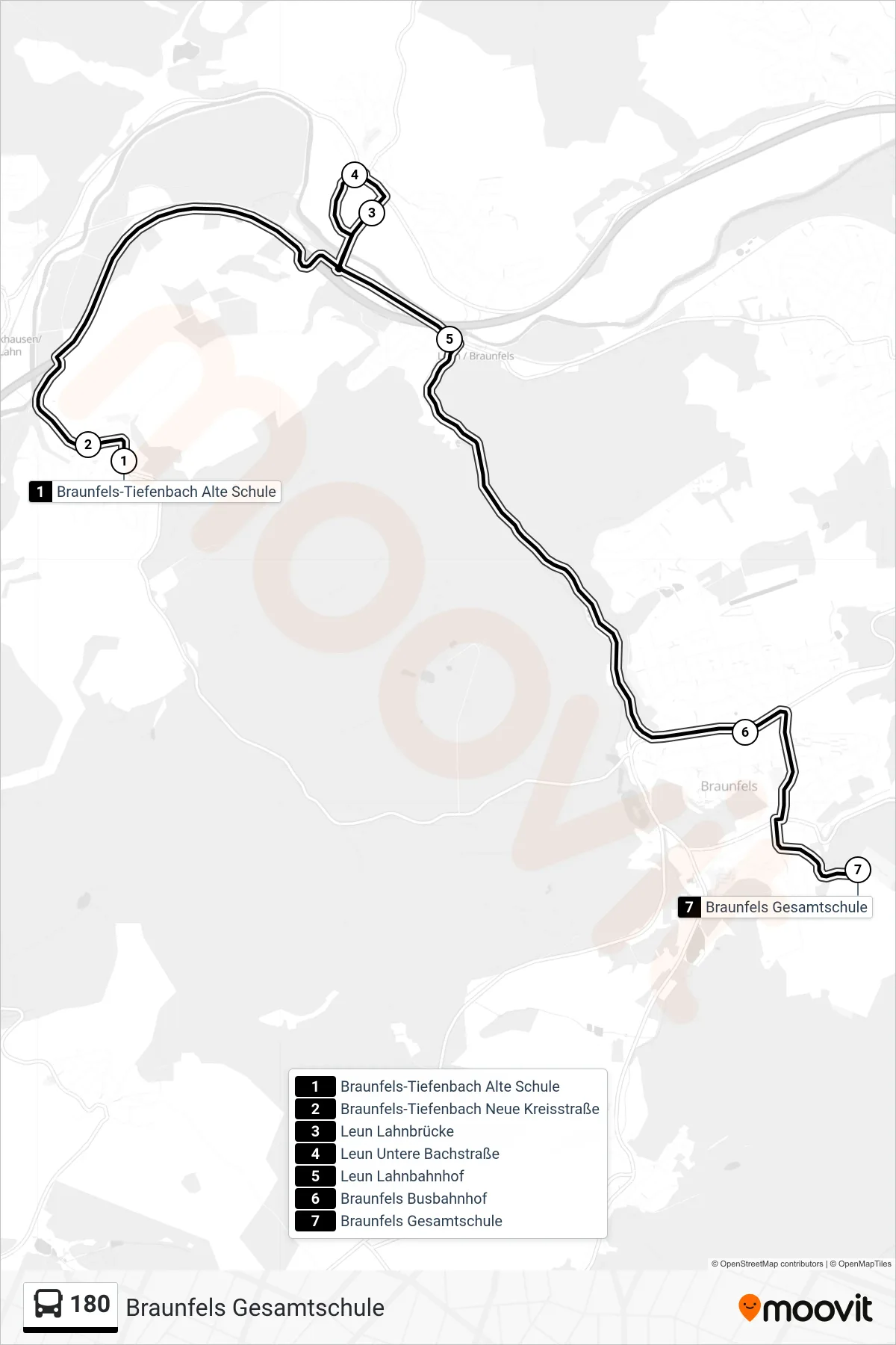 180 bus Line (Braunfels Gesamtschule) route and stops on a map