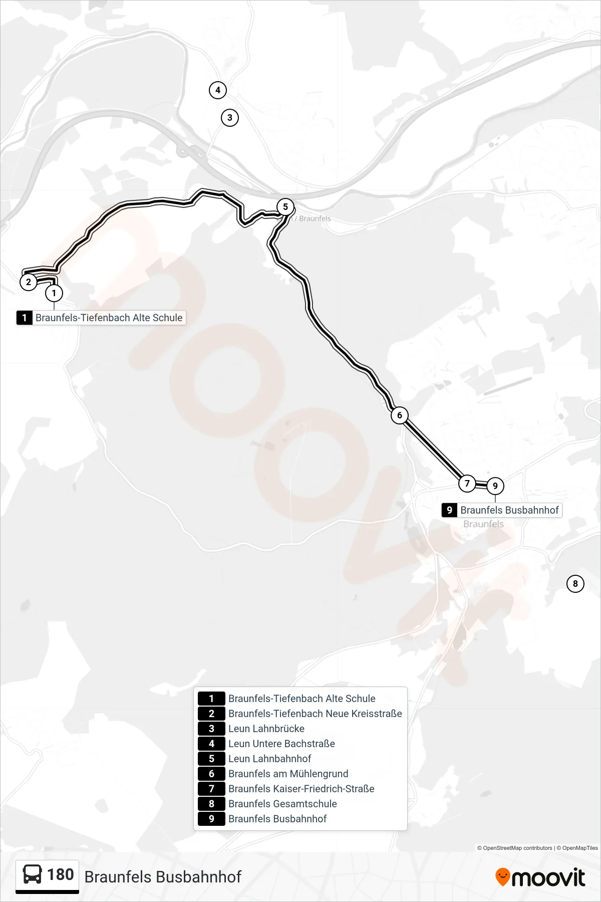 180 bus Line (Braunfels Busbahnhof) route and stops on a map