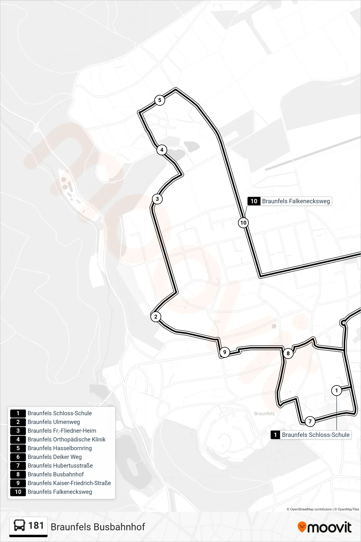 181 bus Line (Braunfels Busbahnhof) route and stops on a map