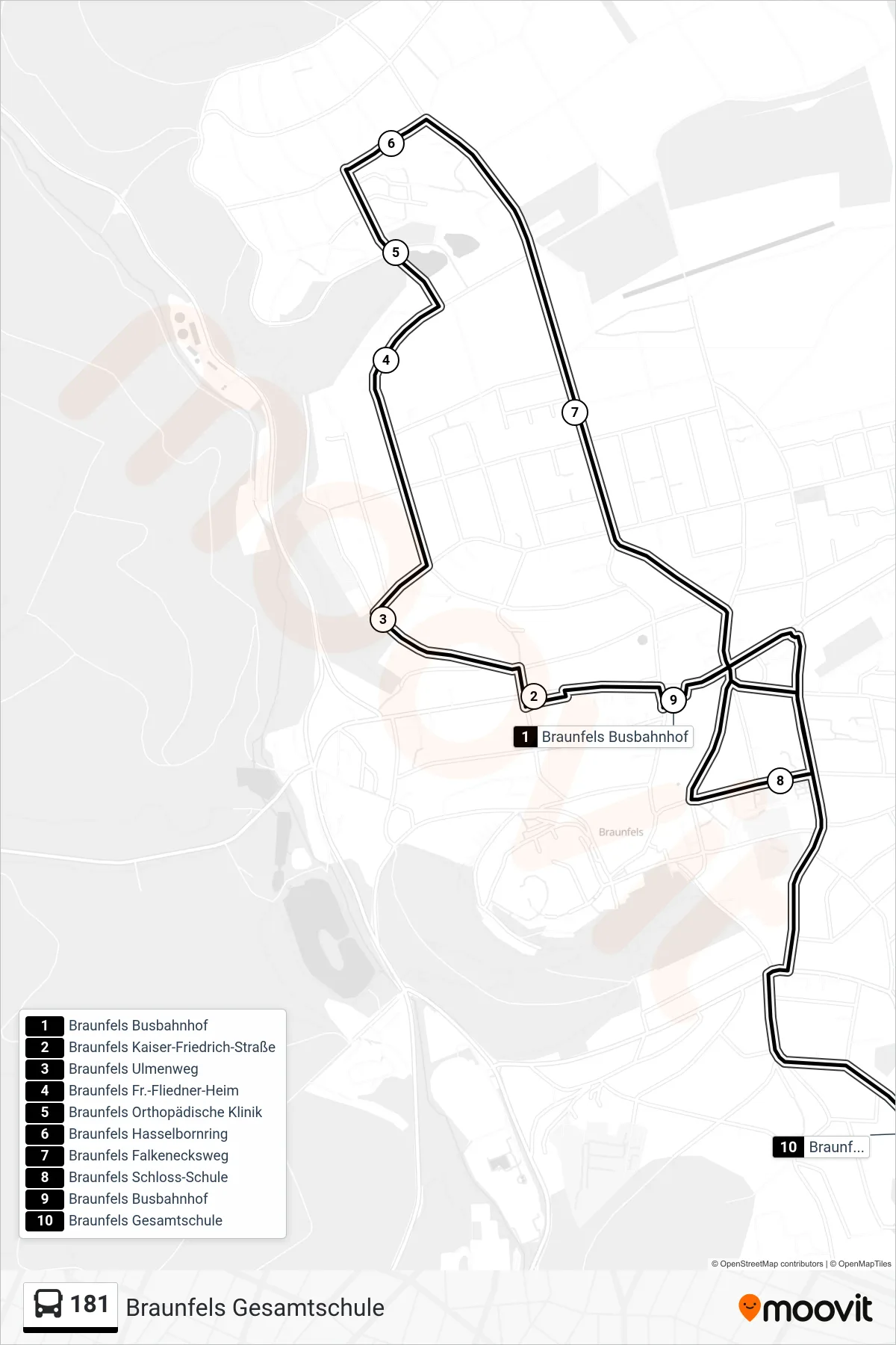181 bus Line (Braunfels Gesamtschule) route and stops on a map
