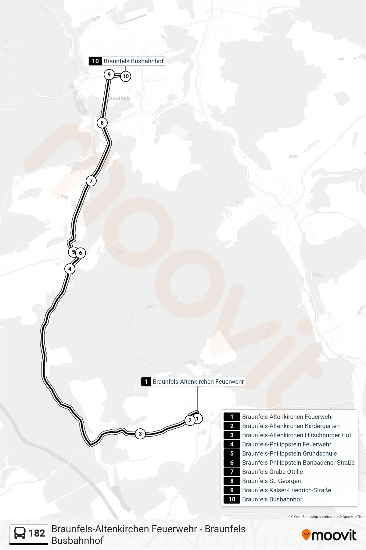 182 bus Line (Braunfels Busbahnhof) route and stops on a map