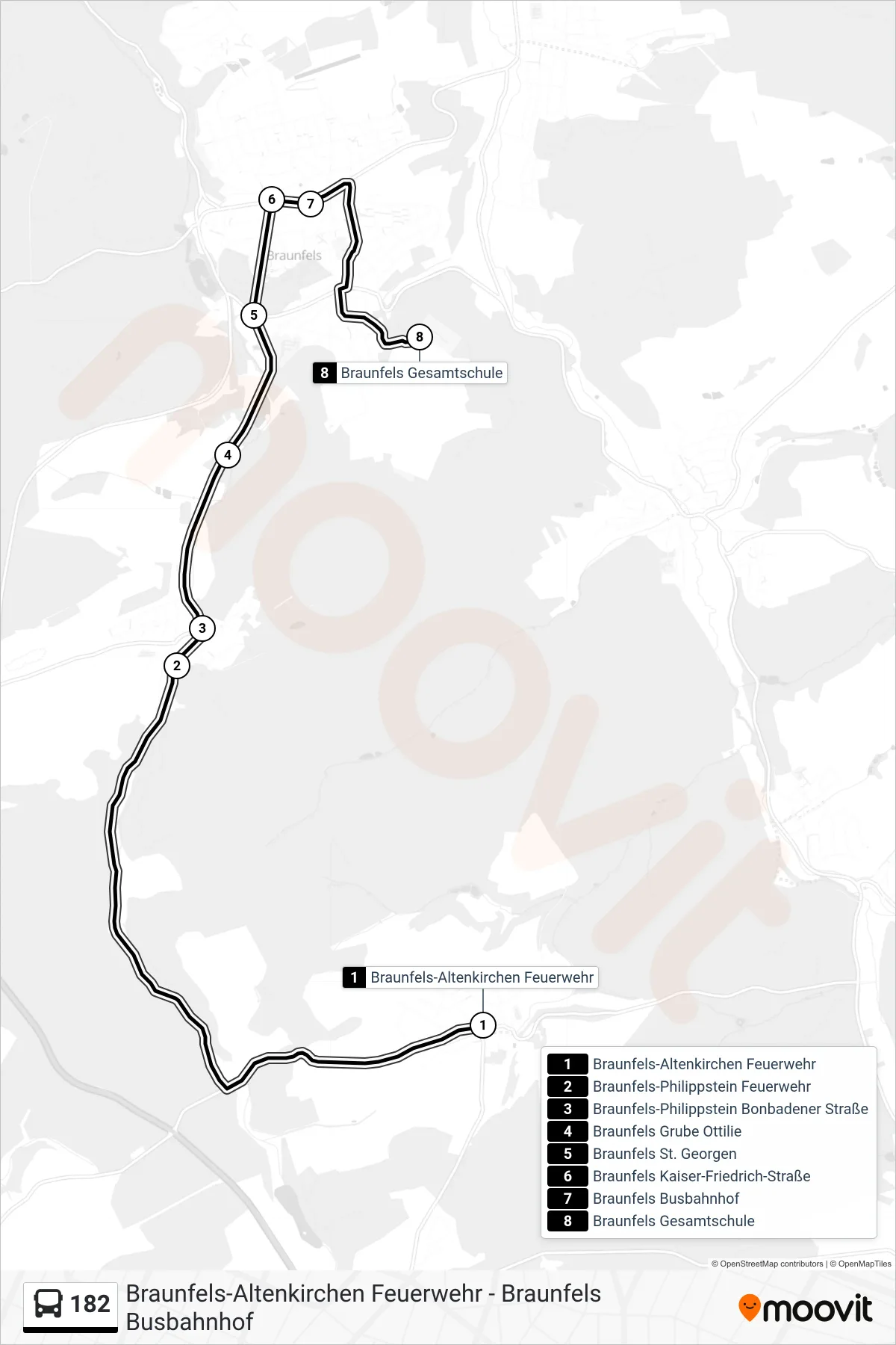 182 bus Line (Braunfels Gesamtschule) route and stops on a map