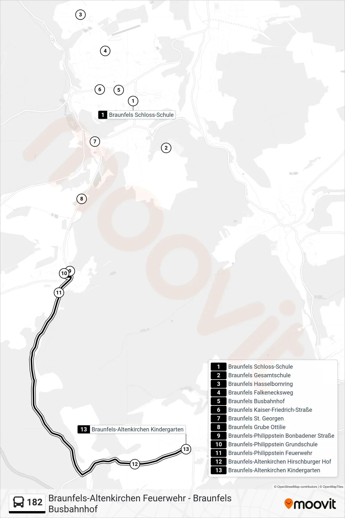 182 bus Line (Braunfels-Altenkirchen Kindergarten) route and stops on a map