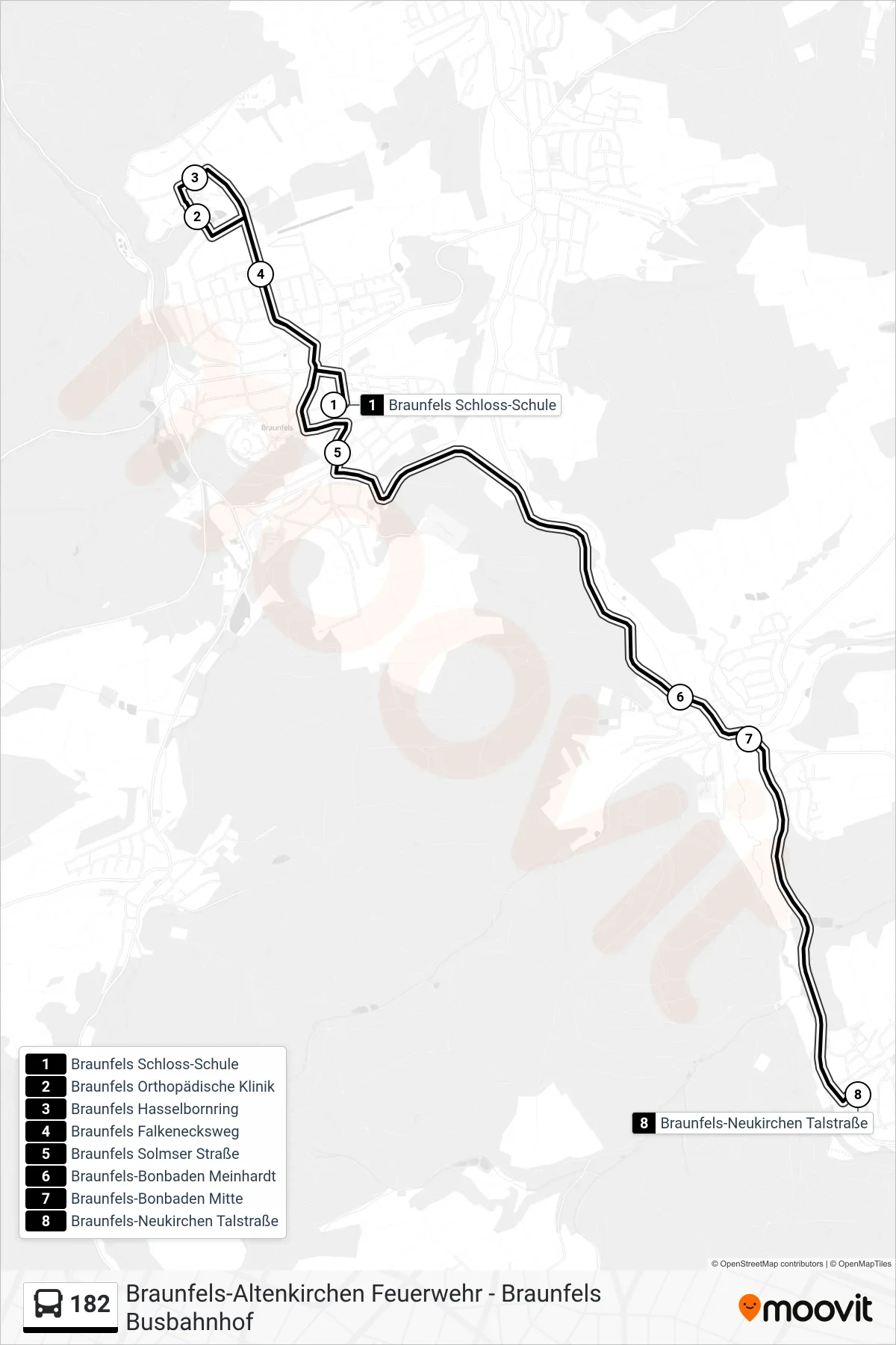 182 bus Line (Braunfels-Neukirchen Talstraße) route and stops on a map