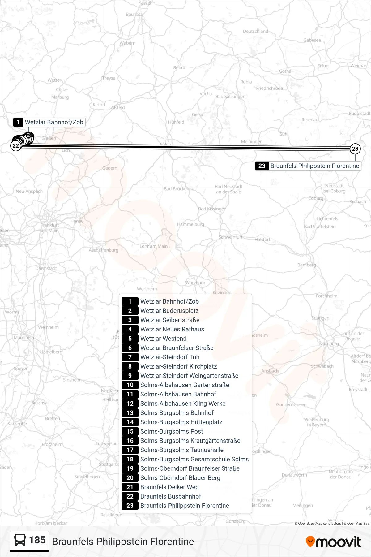 185 bus Line (Braunfels-Philippstein Florentine) route and stops on a map
