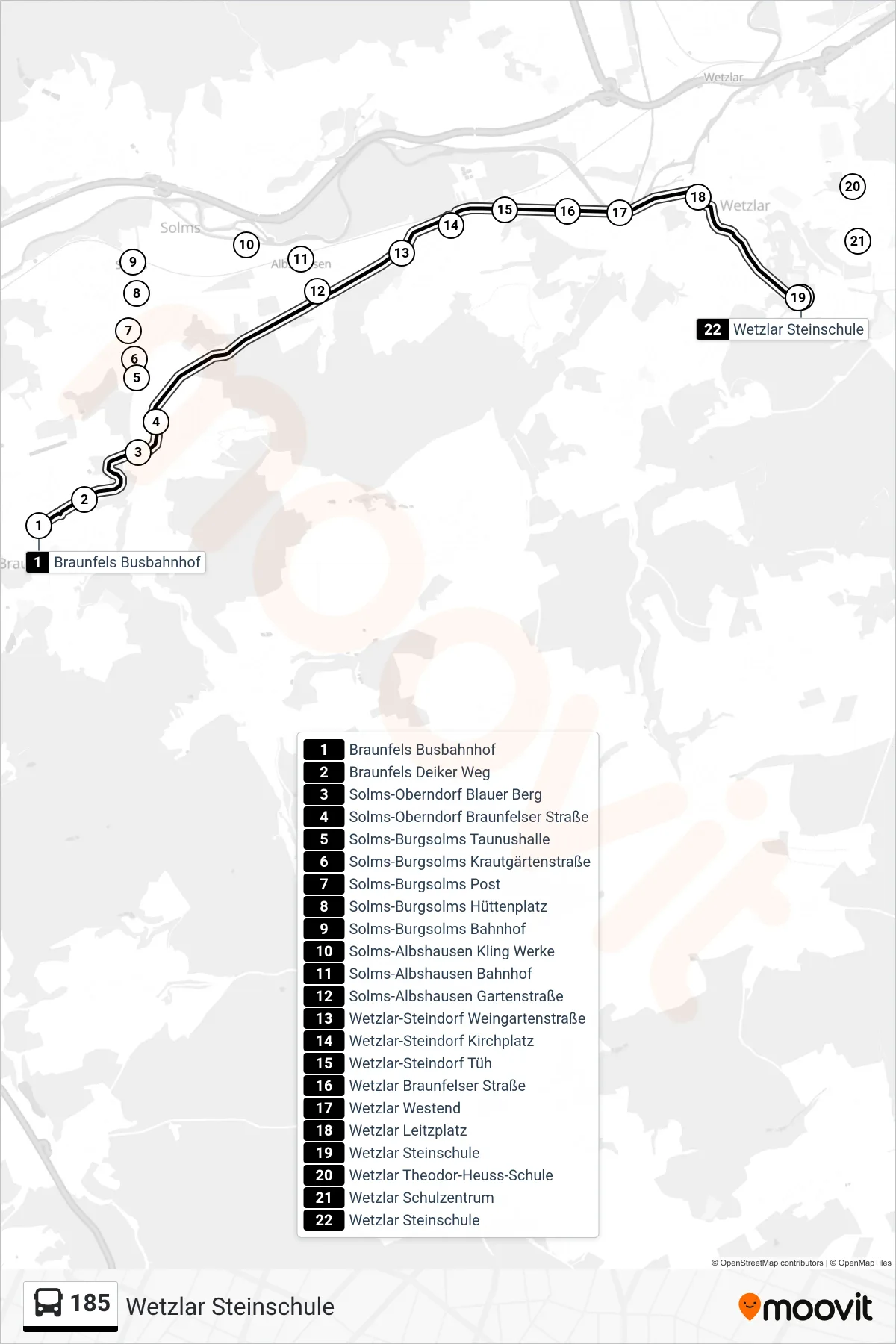 185 bus Line (Wetzlar Steinschule) route and stops on a map