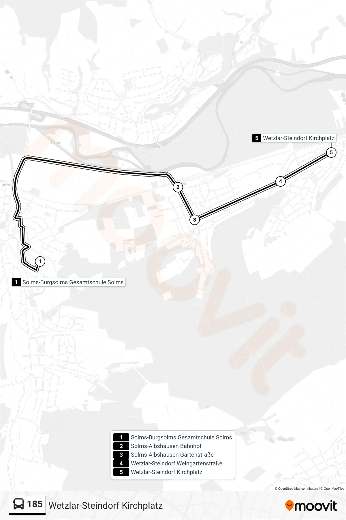 185 bus Line (Wetzlar-Steindorf Kirchplatz) route and stops on a map