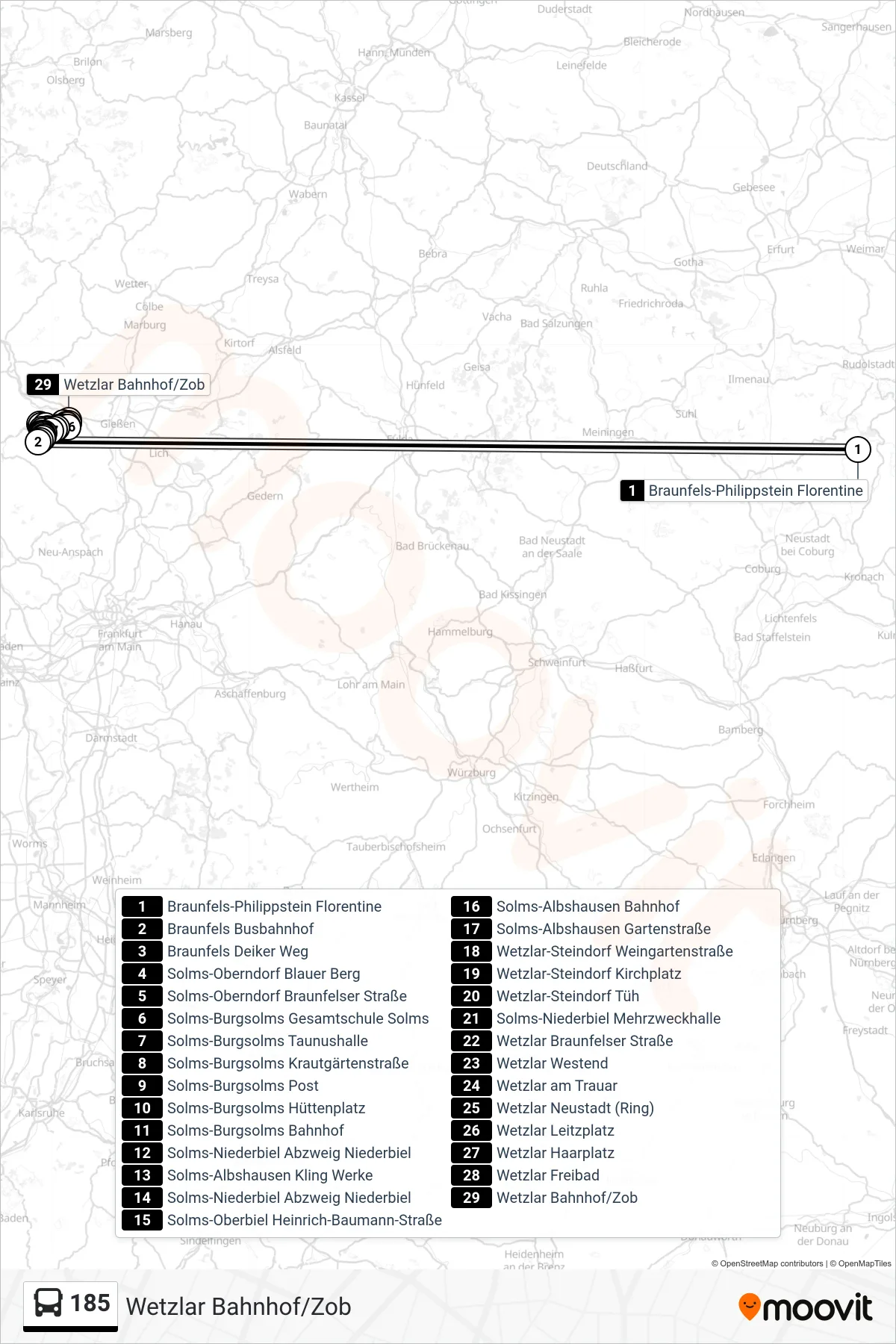 185 bus Line (Wetzlar Bahnhof/Zob) route and stops on a map