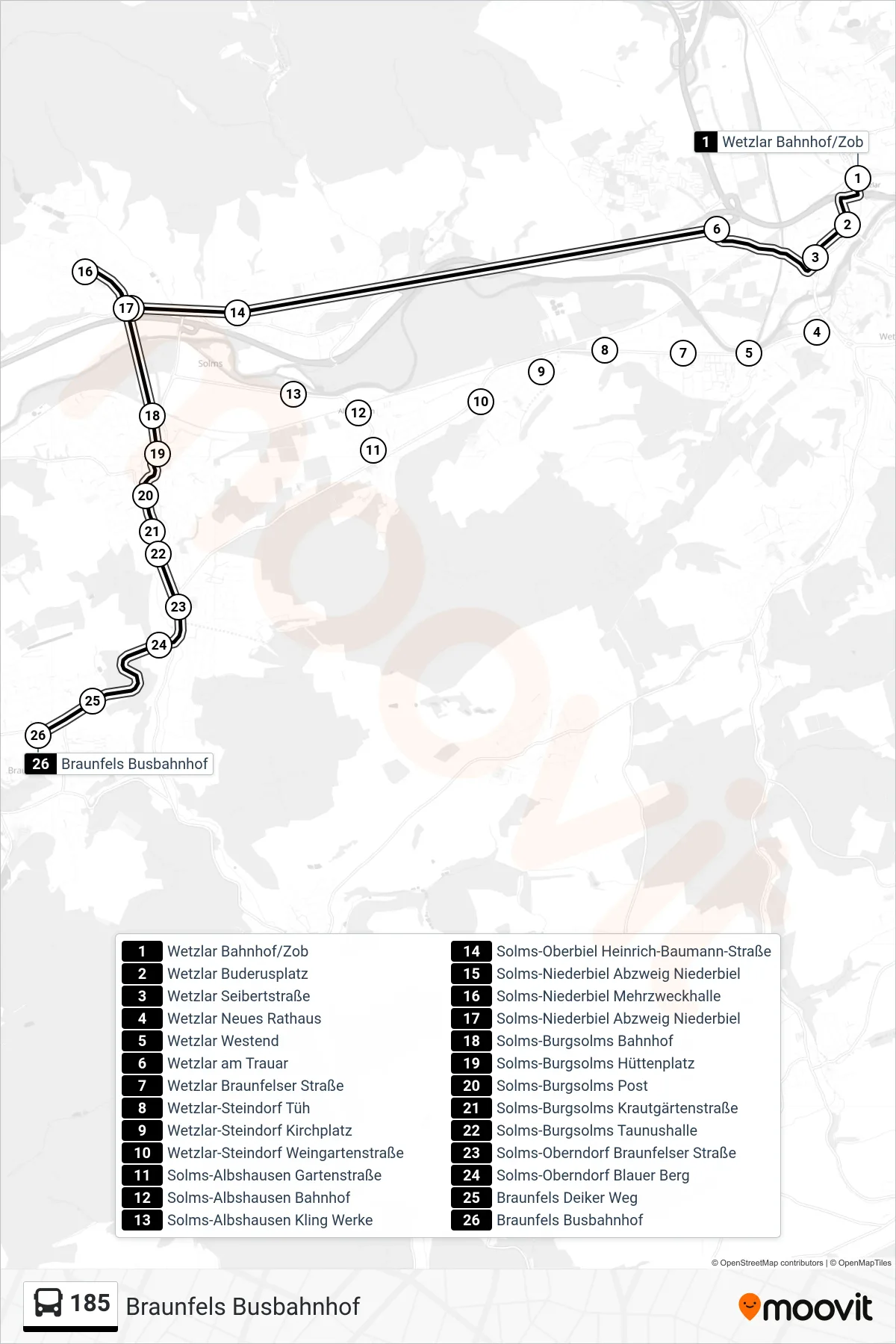 185 bus Line (Braunfels Busbahnhof) route and stops on a map