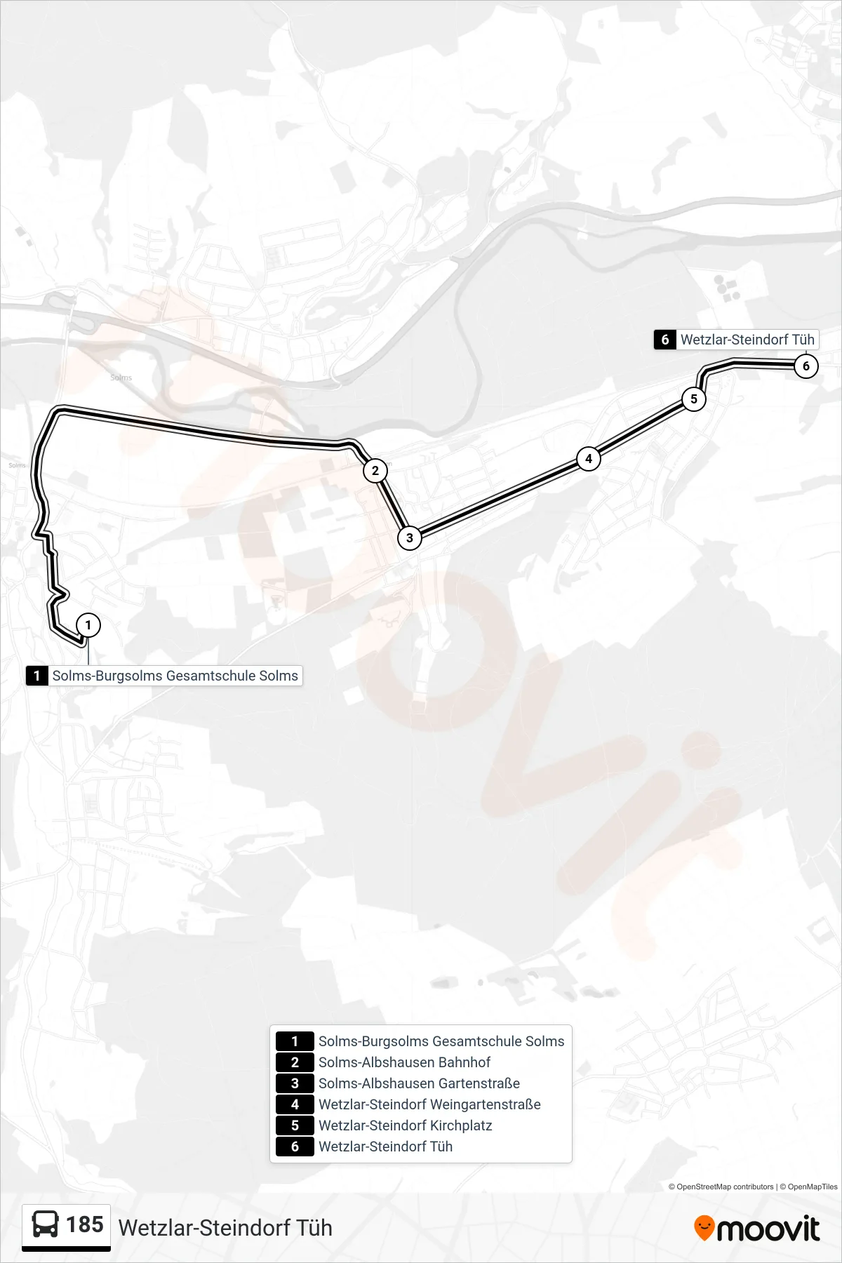 185 bus Line (Wetzlar-Steindorf Tüh) route and stops on a map