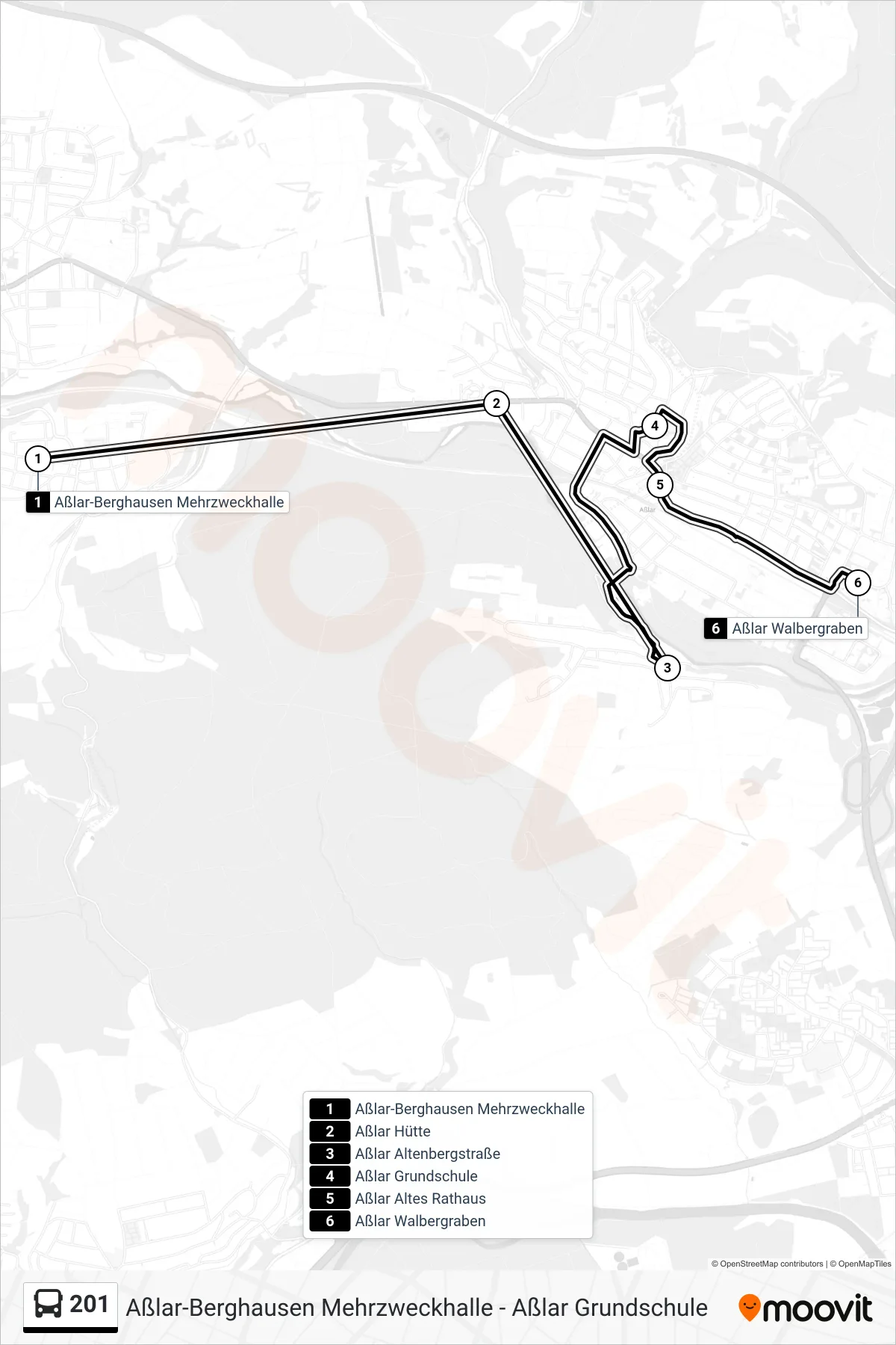 201 bus Line (Aßlar Walbergraben) route and stops on a map