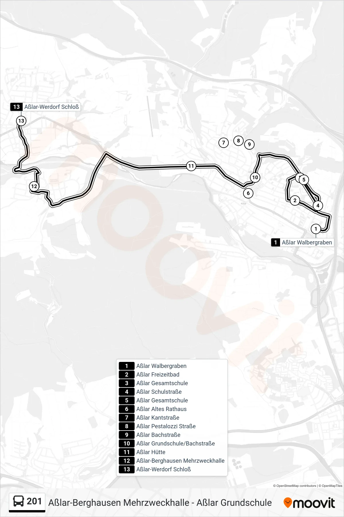201 bus Line (Aßlar-Werdorf Schloß) route and stops on a map