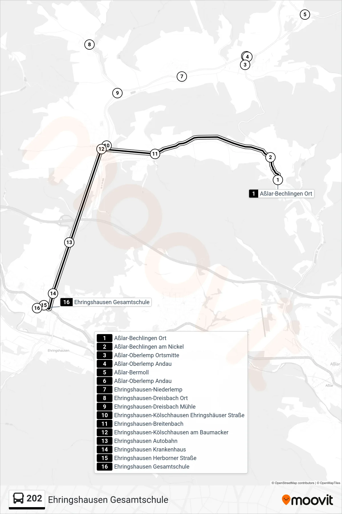 202 bus Line (Ehringshausen Gesamtschule) route and stops on a map