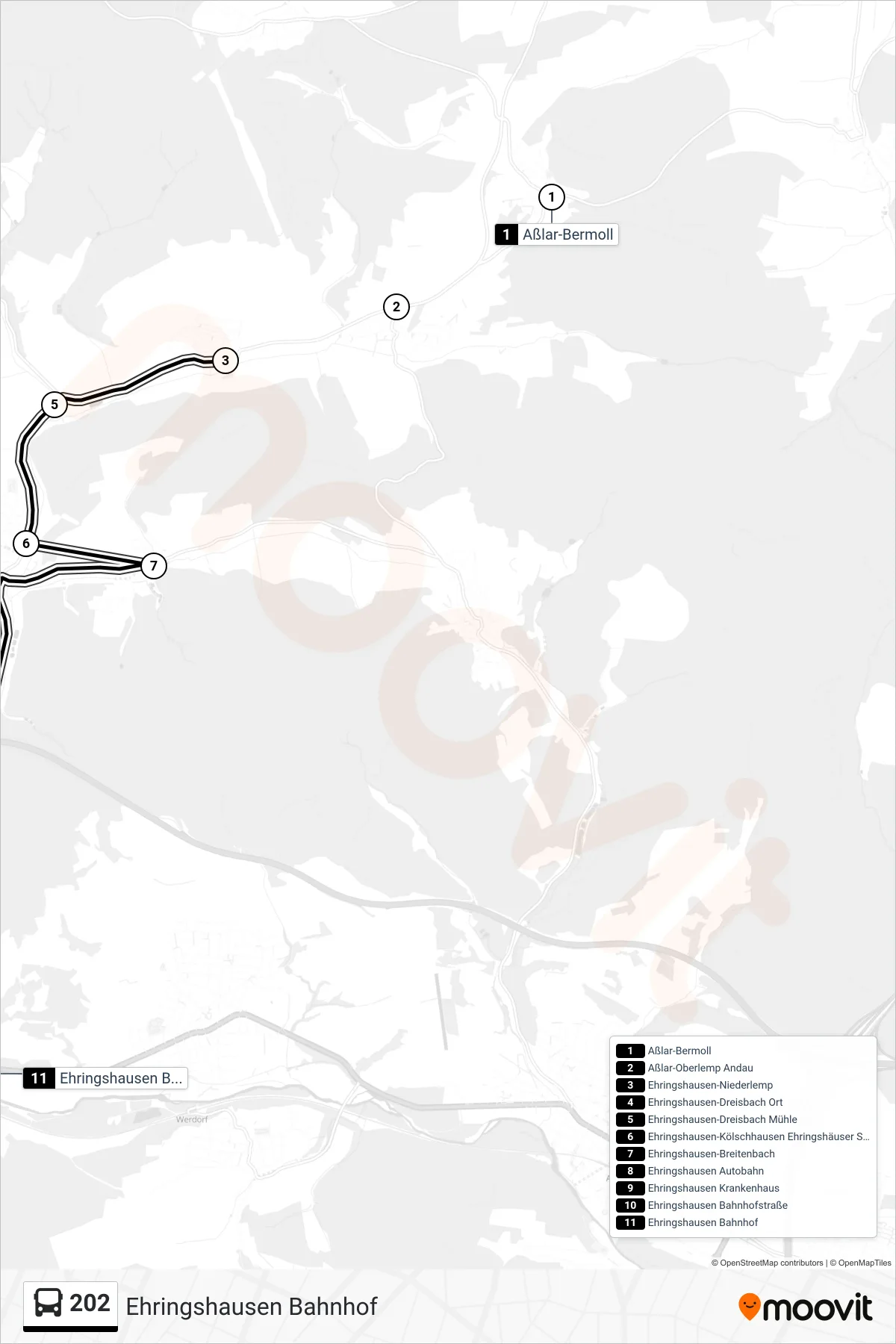 202 bus Line (Ehringshausen Bahnhof) route and stops on a map