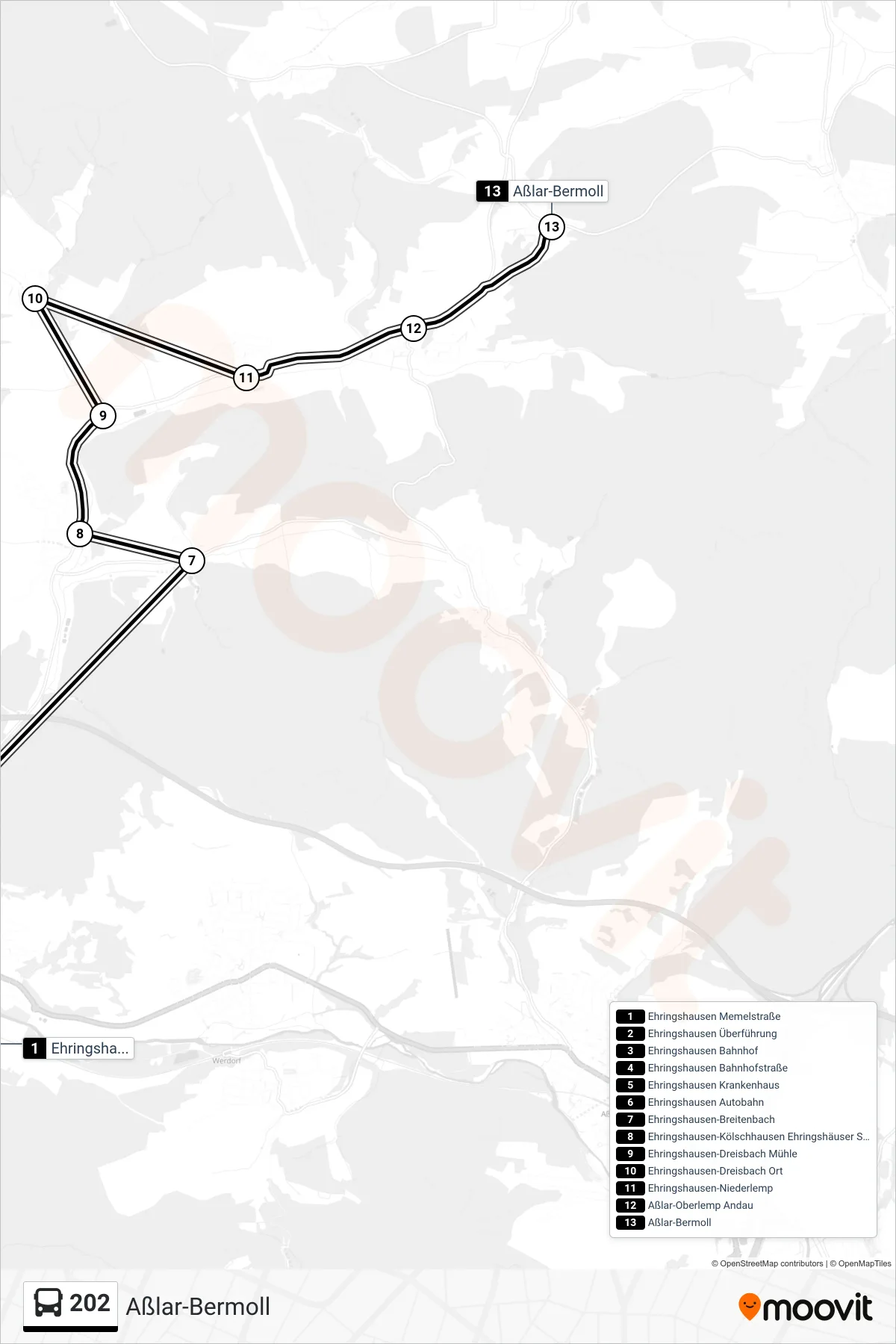 202 bus Line (Aßlar-Bermoll) route and stops on a map