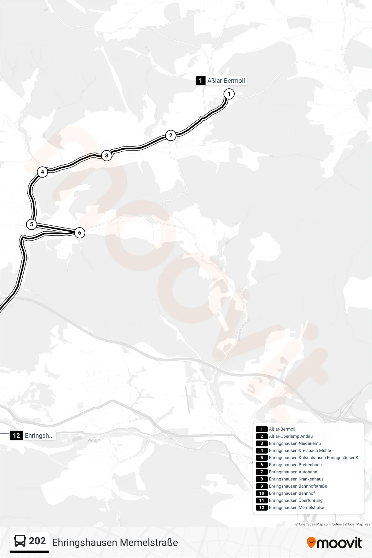 202 bus Line (Ehringshausen Memelstraße) route and stops on a map