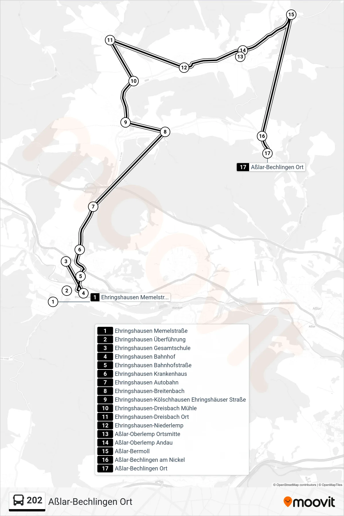 202 bus Line (Aßlar-Bechlingen Ort) route and stops on a map