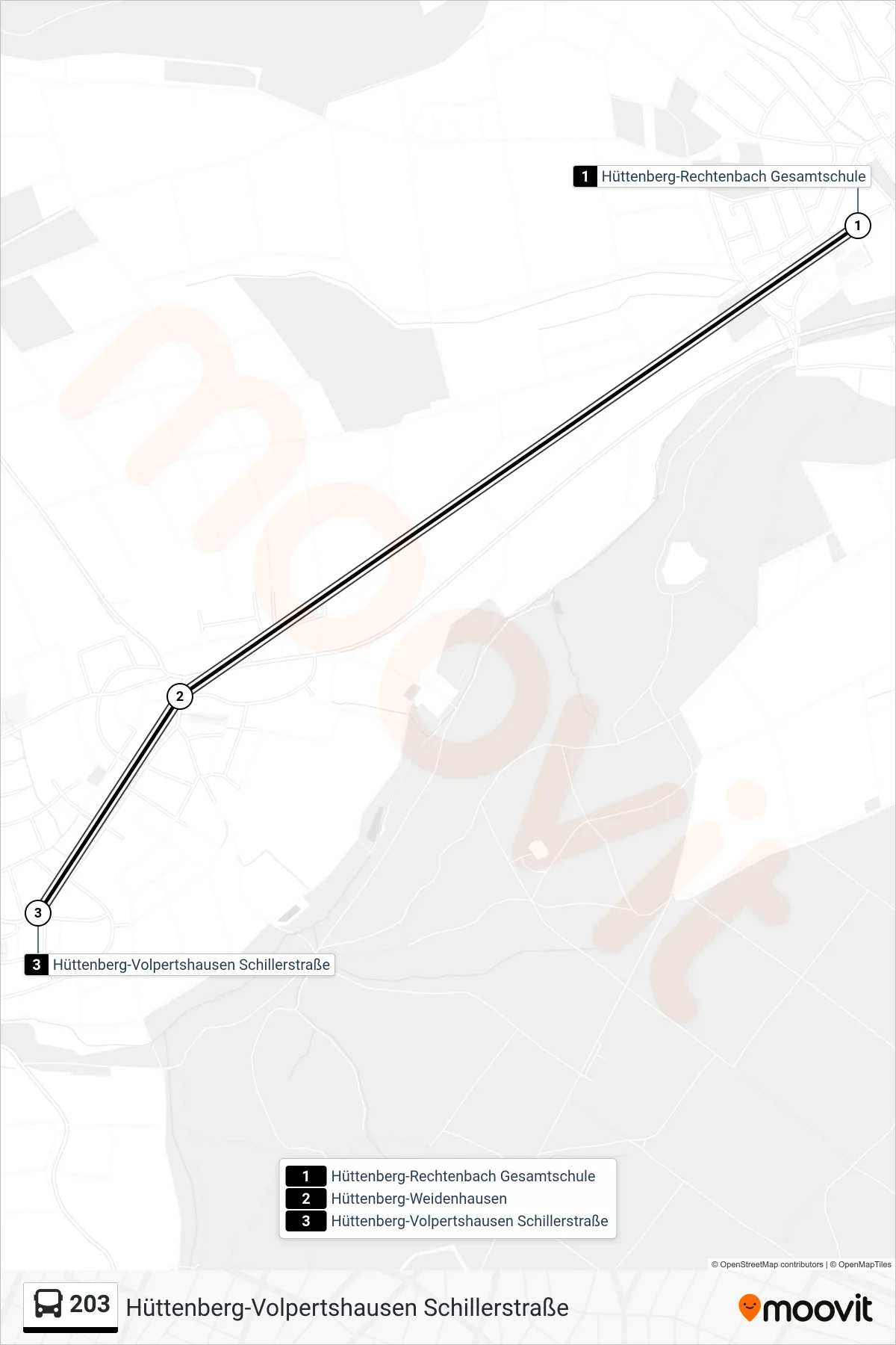 203 bus Line (Hüttenberg-Volpertshausen Schillerstraße) route and stops on a map