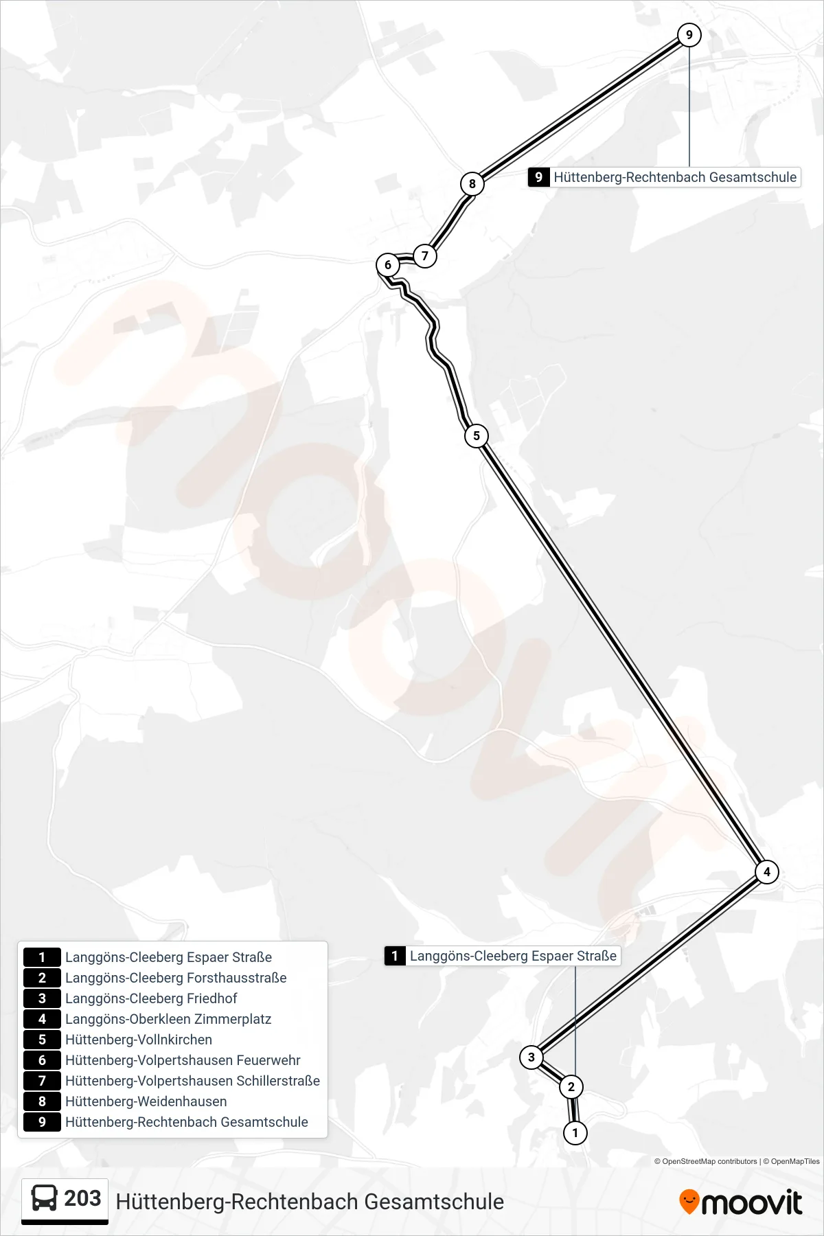 203 bus Line (Hüttenberg-Rechtenbach Gesamtschule) route and stops on a map
