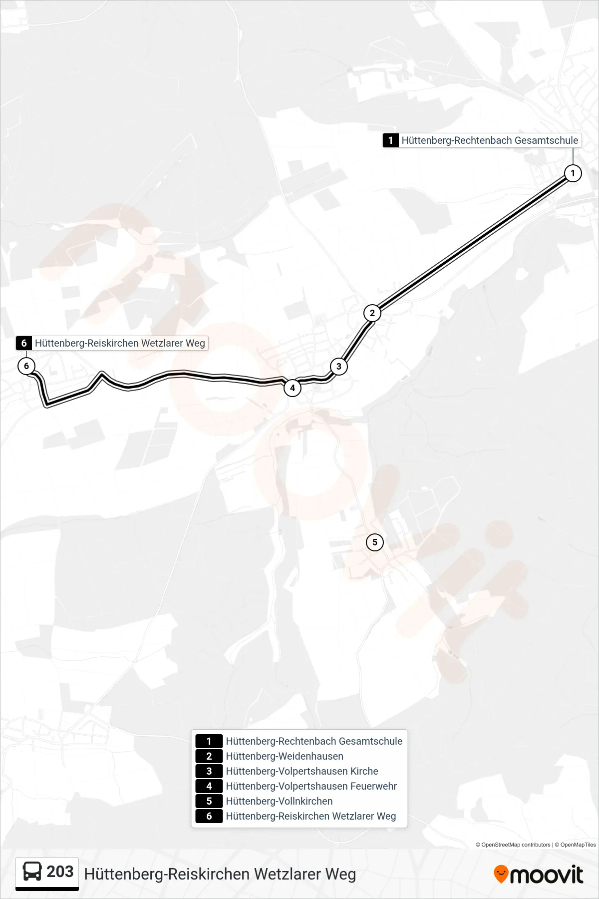 203 bus Line (Hüttenberg-Reiskirchen Wetzlarer Weg) route and stops on a map