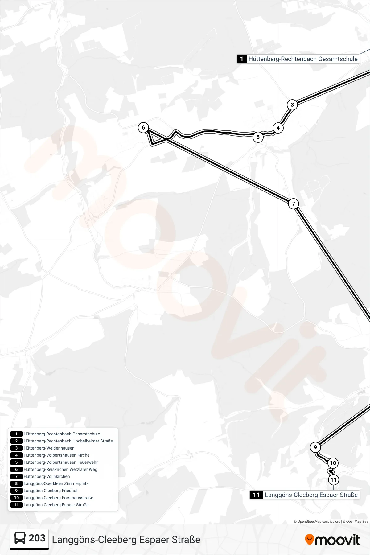 203 bus Line (Langgöns-Cleeberg Espaer Straße) route and stops on a map
