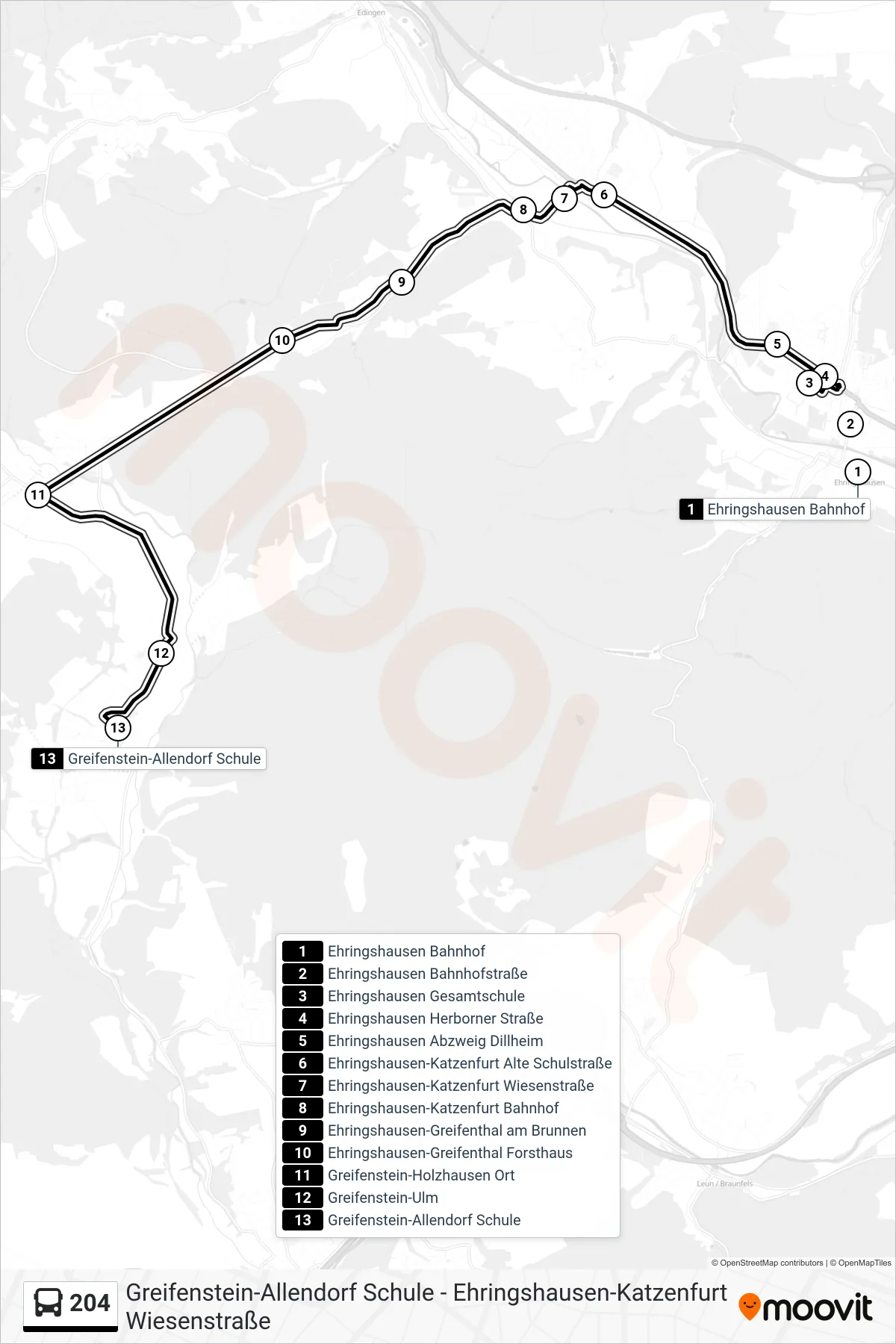 204 bus Line (Greifenstein-Allendorf Schule) route and stops on a map