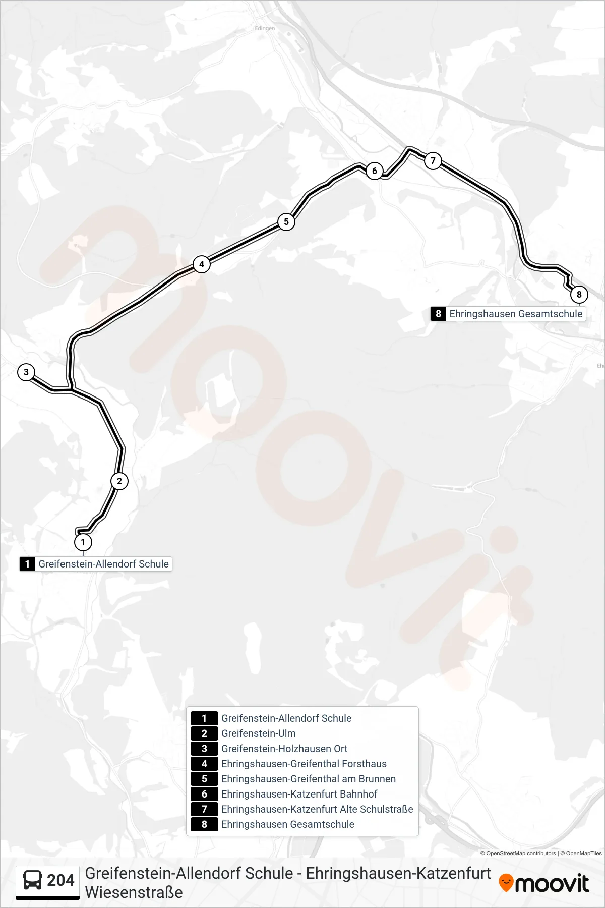 204 bus Line (Ehringshausen Gesamtschule) route and stops on a map