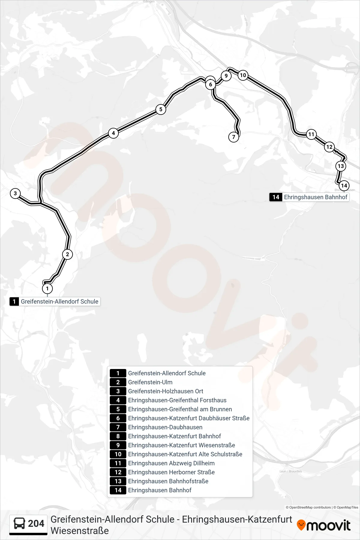 204 bus Line (Ehringshausen Bahnhof) route and stops on a map