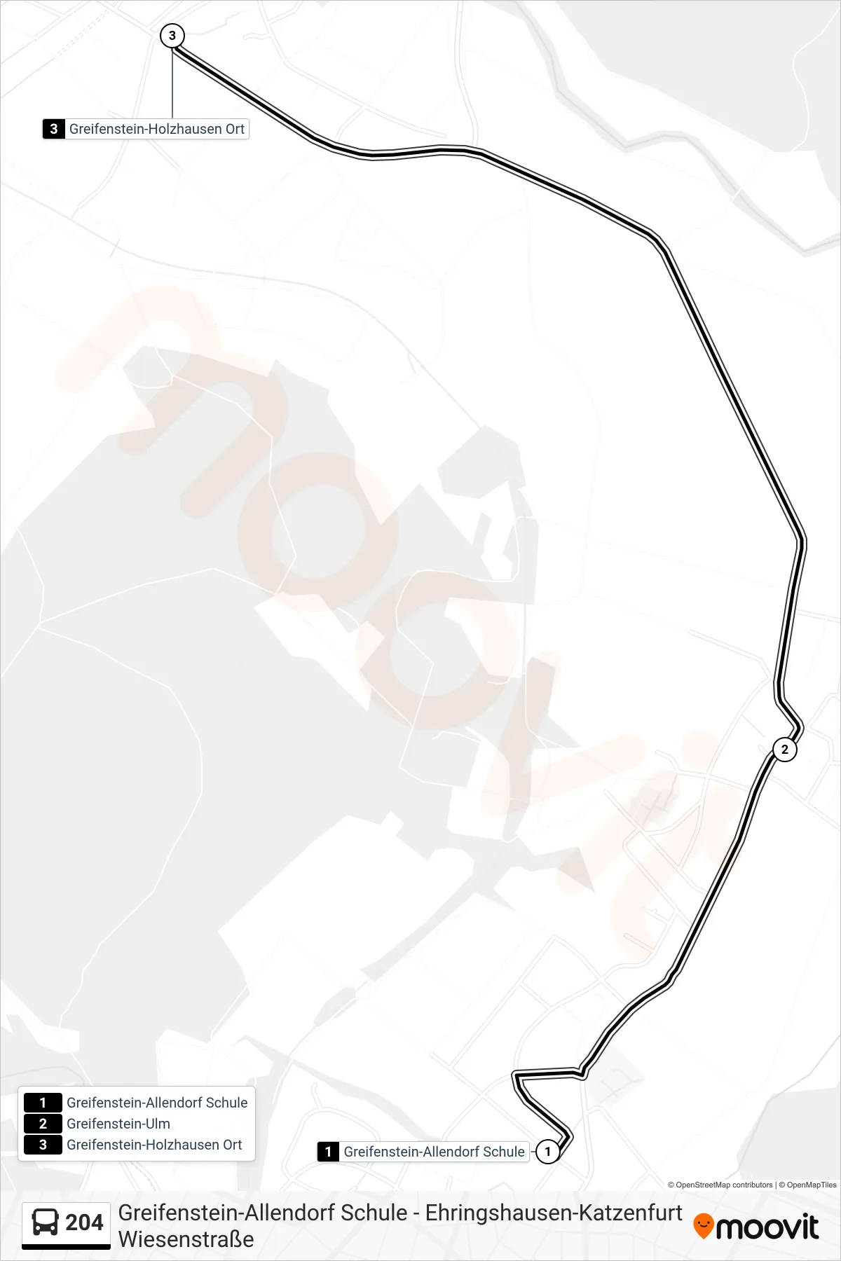 204 bus Line (Greifenstein-Holzhausen Ort) route and stops on a map
