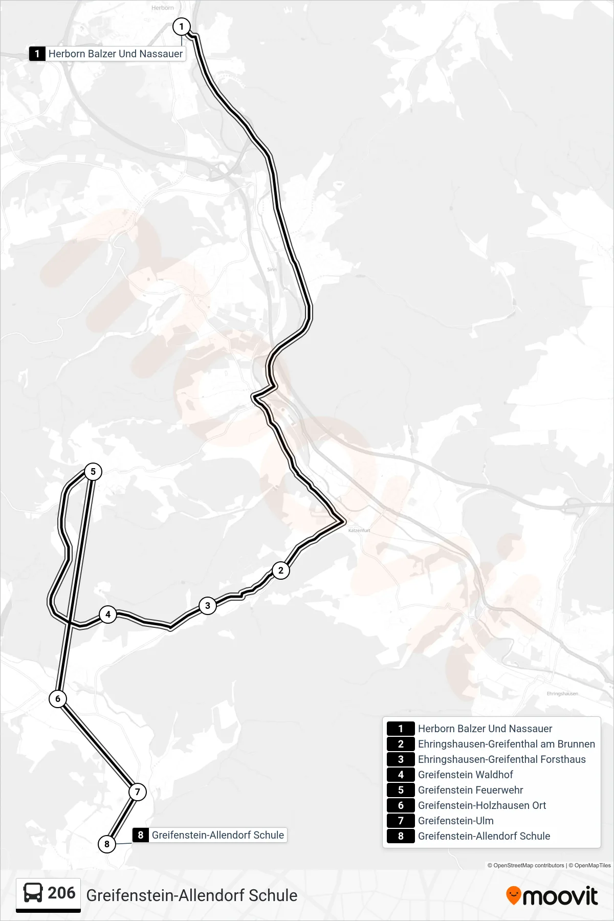 206 bus Line (Greifenstein-Allendorf Schule) route and stops on a map