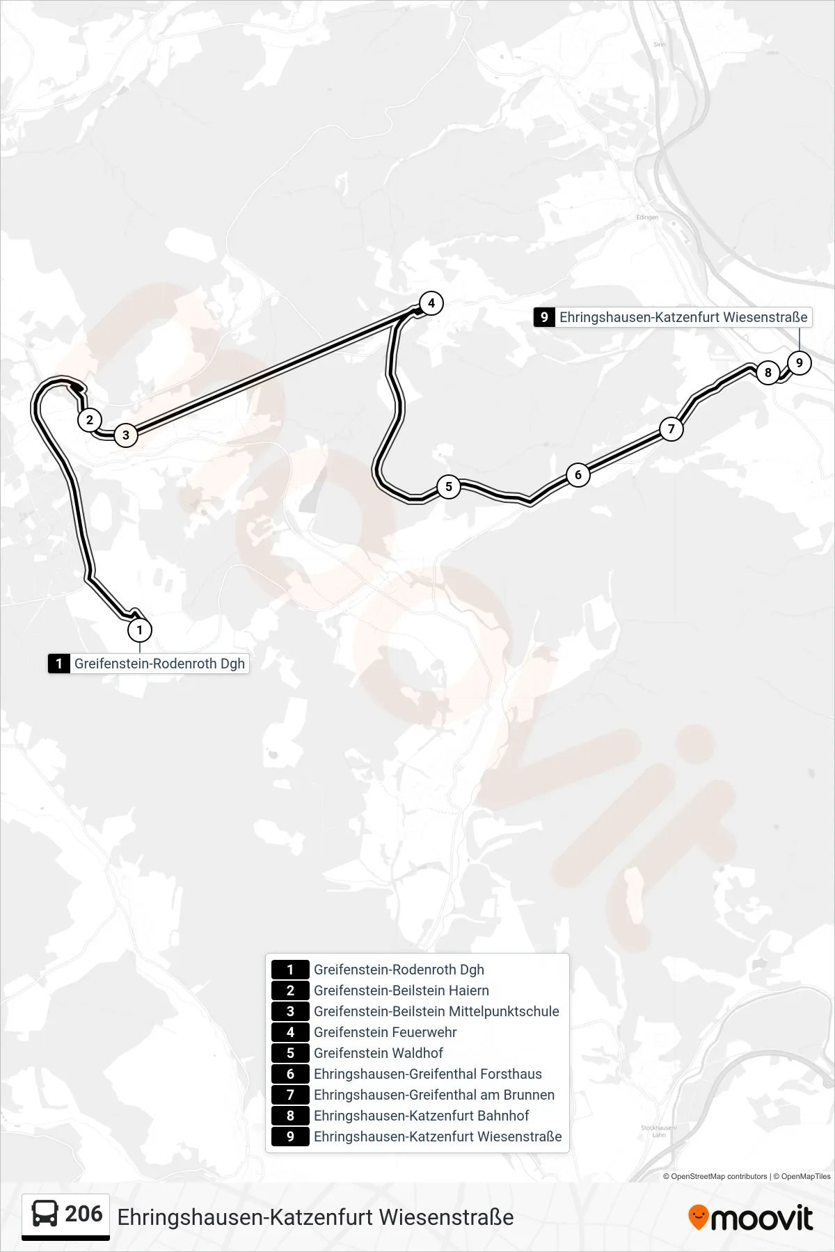 206 bus Line (Ehringshausen-Katzenfurt Wiesenstraße) route and stops on a map