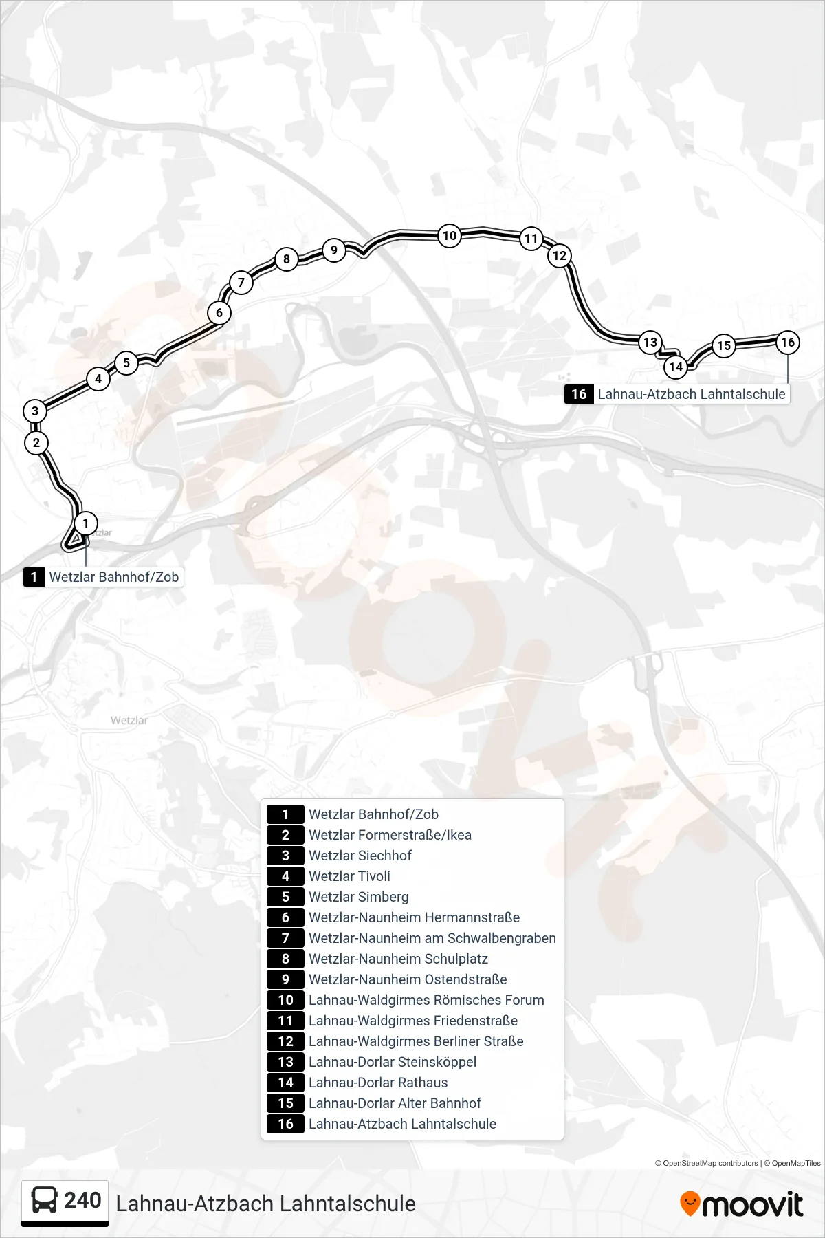 240 bus Line (Lahnau-Atzbach Lahntalschule) route and stops on a map