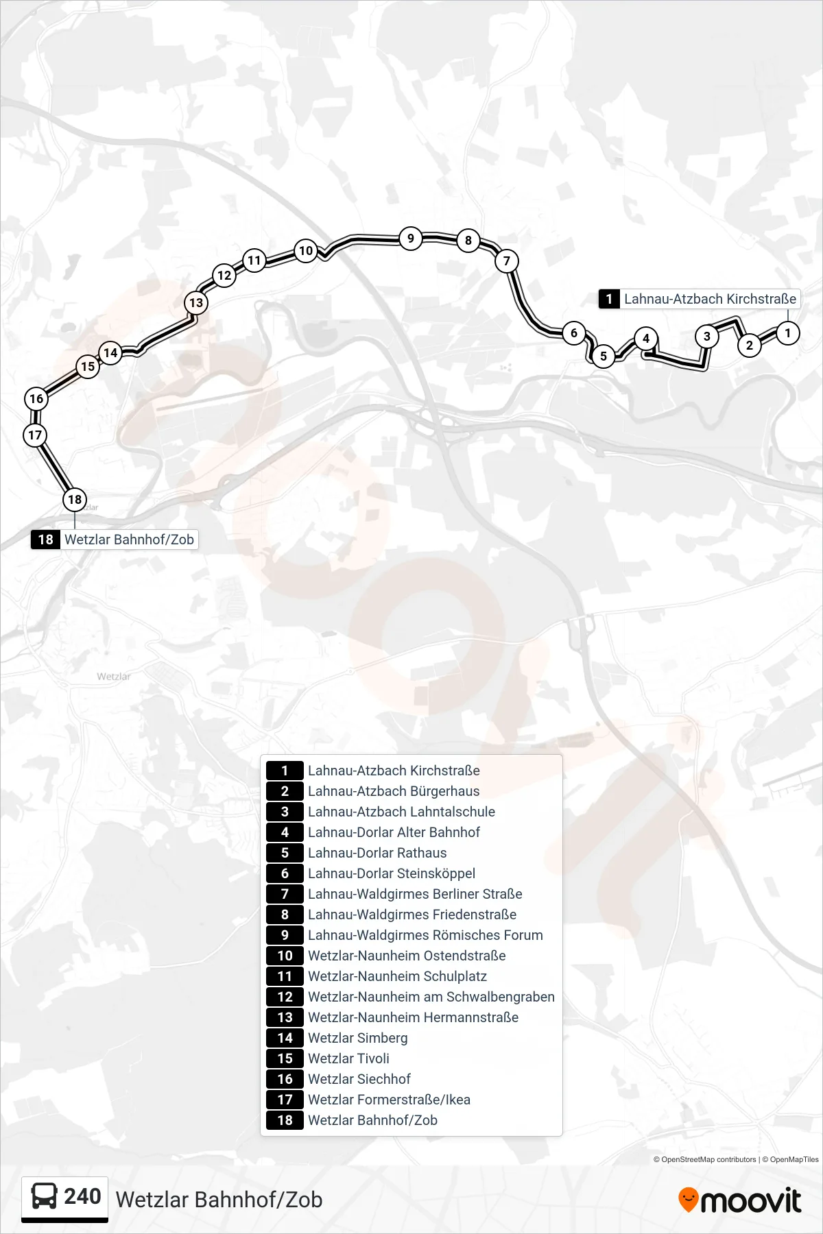 240 bus Line (Wetzlar Bahnhof/Zob) route and stops on a map