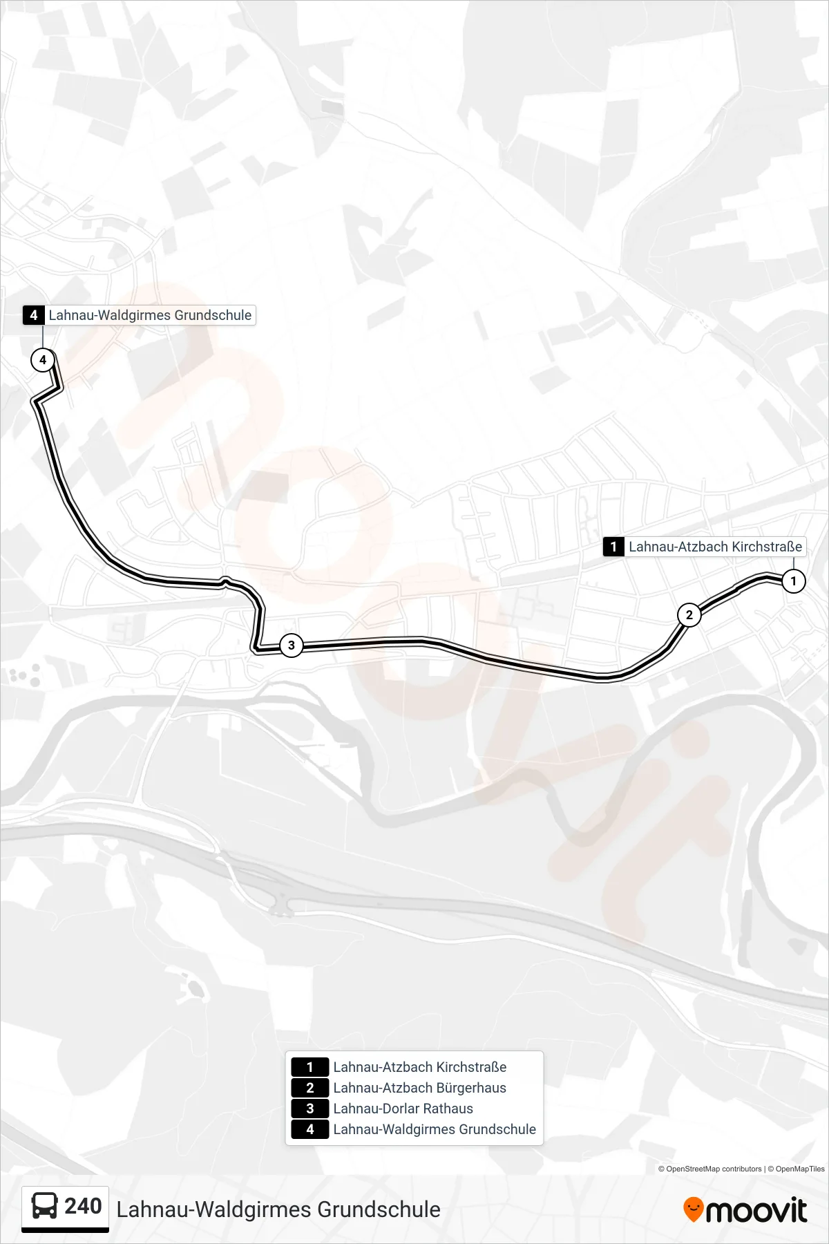 Linie 240 (Bus) Richtung Lahnau-Waldgirmes Grundschule: Route und Haltestellen auf der Karte