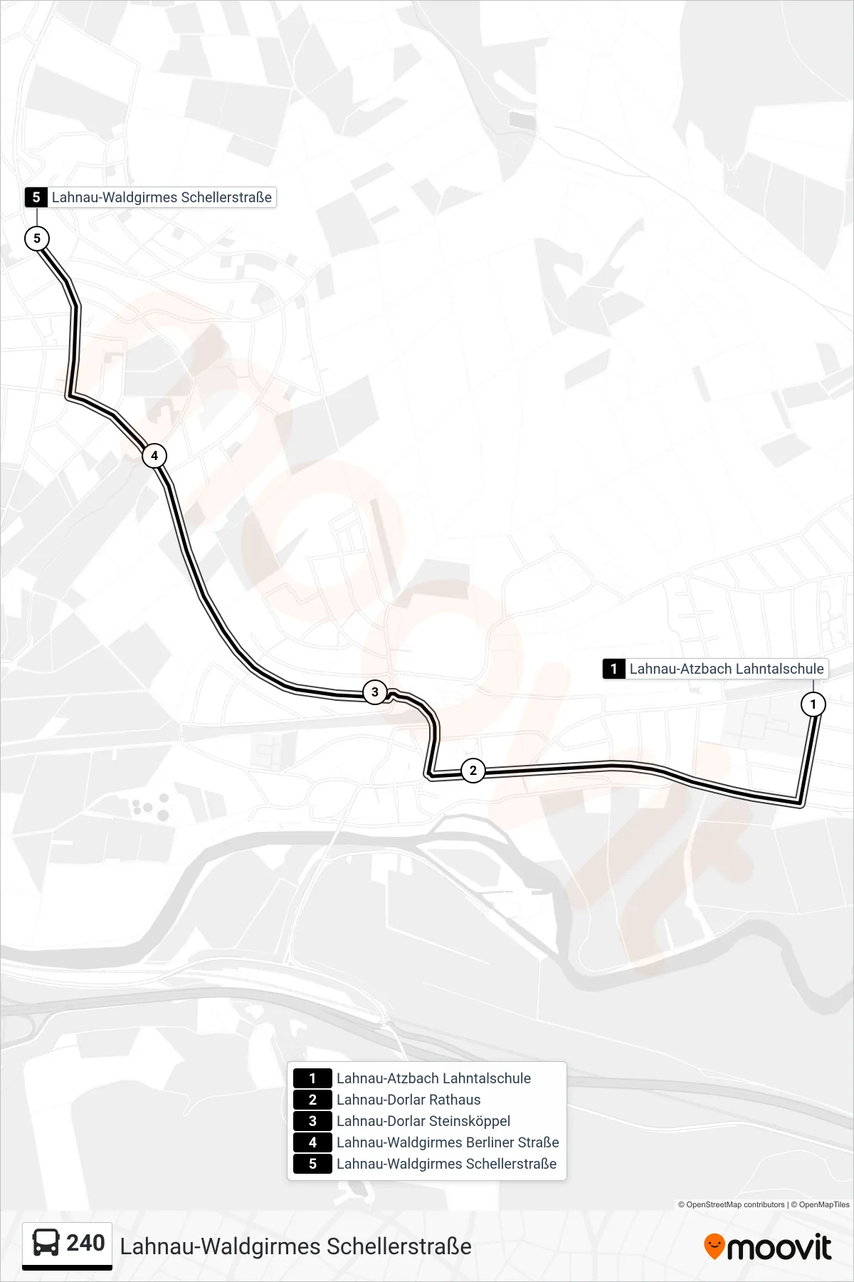 240 bus Line (Lahnau-Waldgirmes Schellerstraße) route and stops on a map