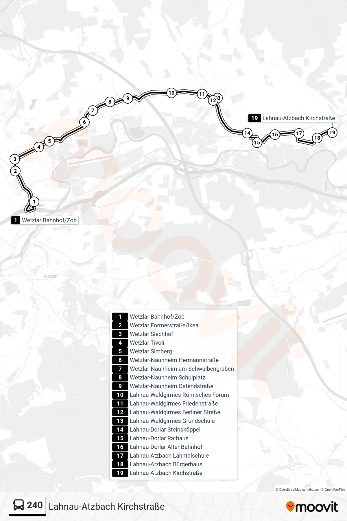 240 bus Line (Lahnau-Atzbach Kirchstraße) route and stops on a map