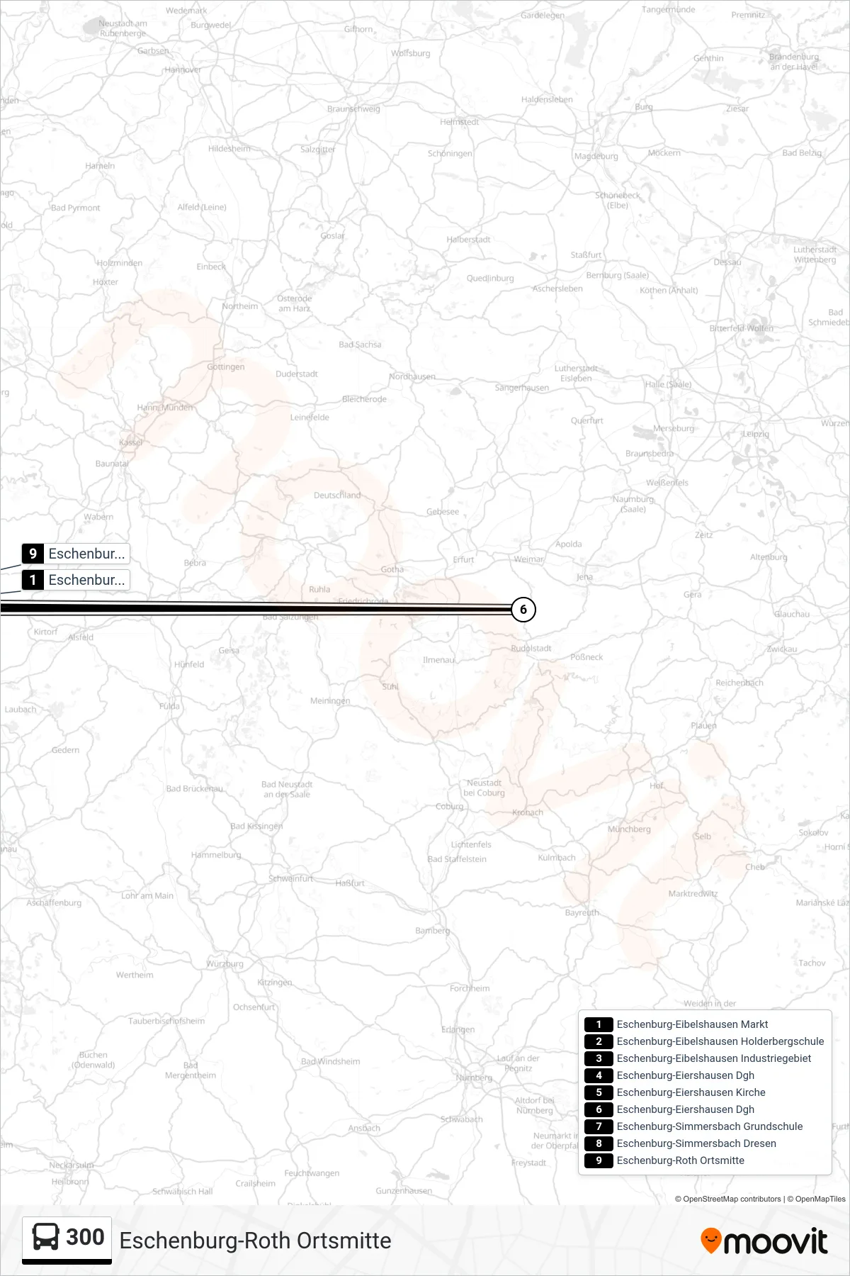 300 bus Line (Eschenburg-Roth Ortsmitte) route and stops on a map