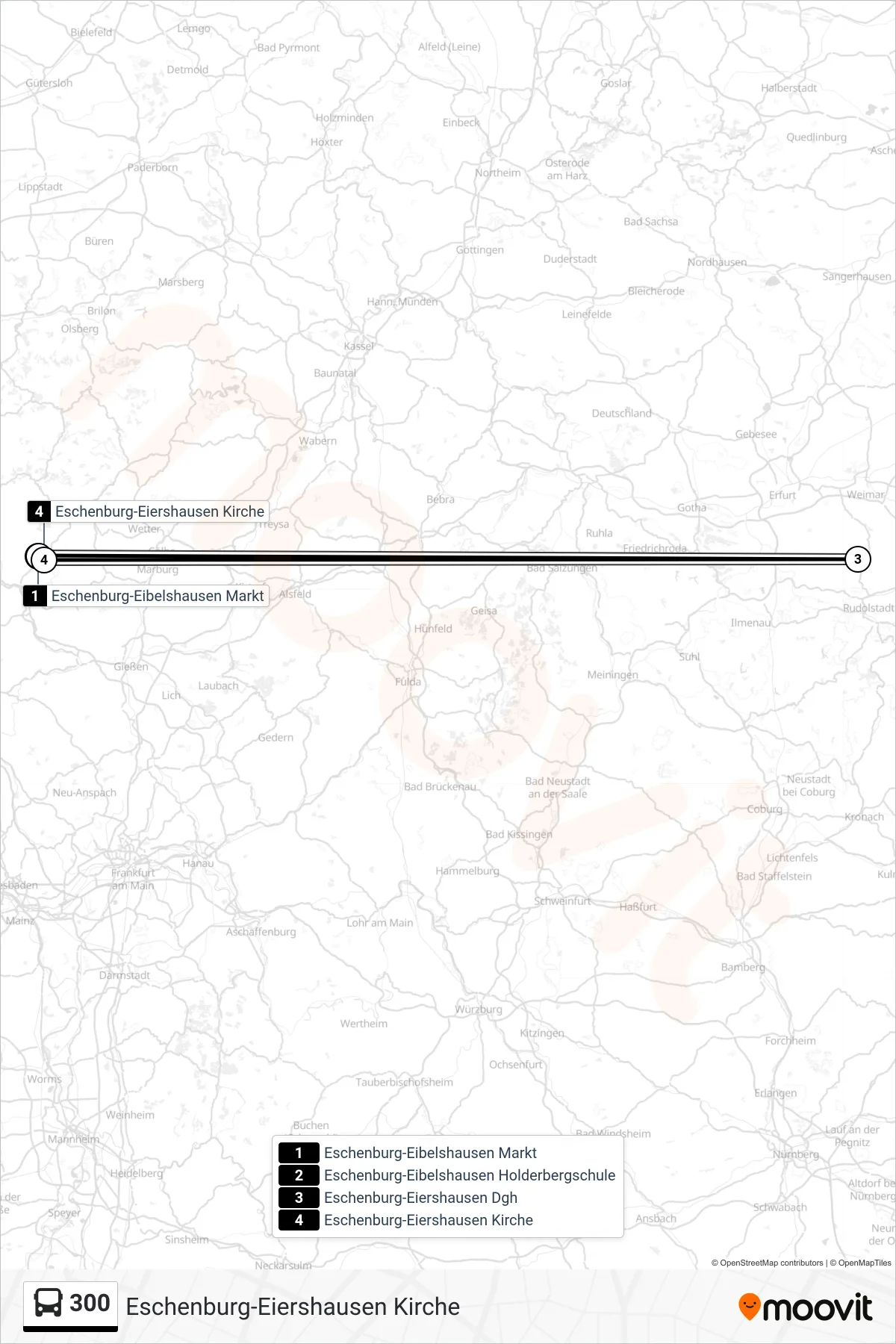 Linie 300 (Bus) Richtung Eschenburg-Eiershausen Kirche: Route und Haltestellen auf der Karte