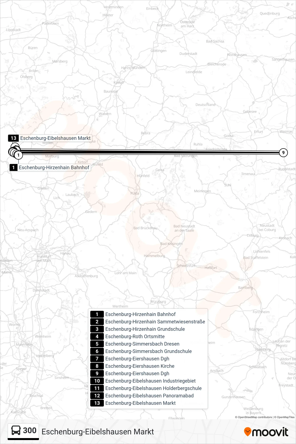 300 bus Line (Eschenburg-Eibelshausen Markt) route and stops on a map