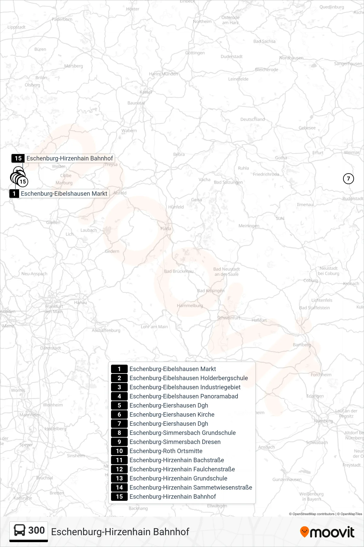 300 bus Line (Eschenburg-Hirzenhain Bahnhof) route and stops on a map